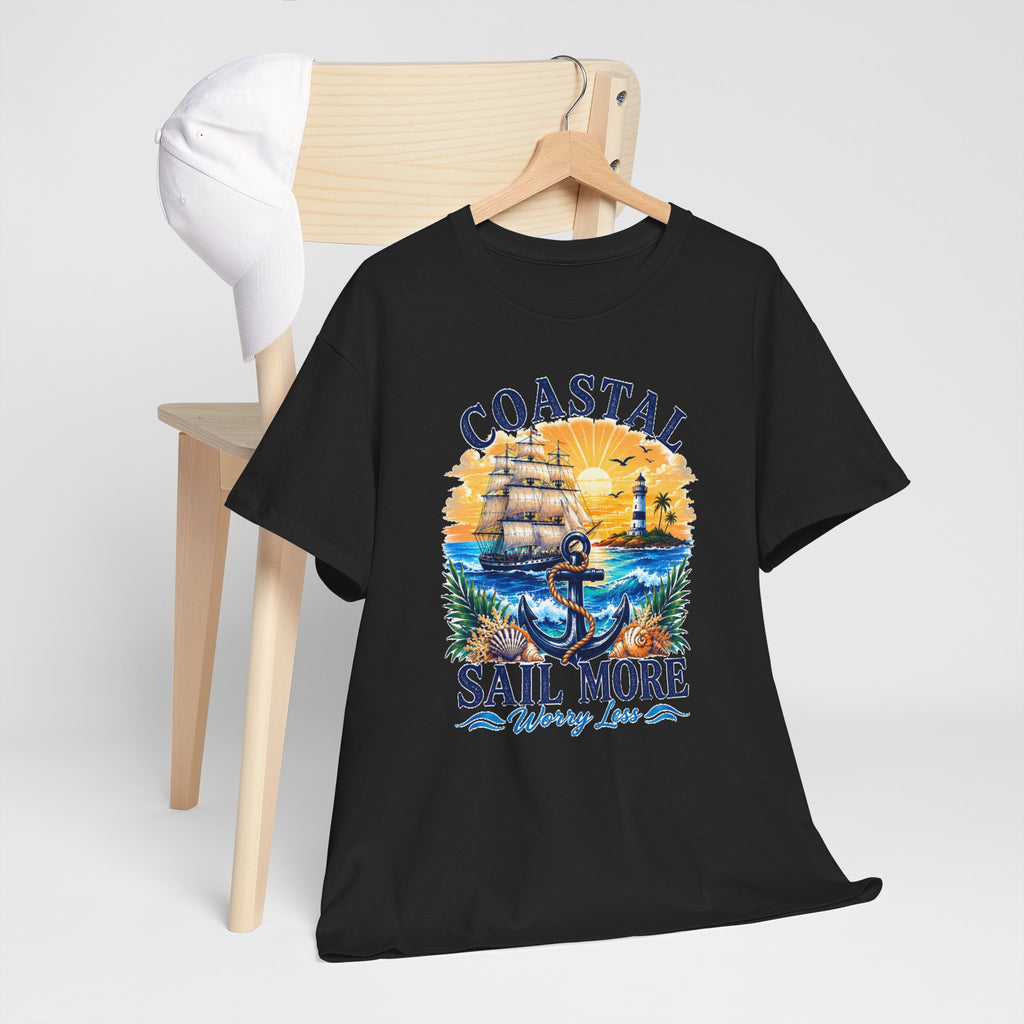 Coastal Sail More Worry Less T-Shirt | Nautical Beach Graphic Tee | Sailing Lover Shirt | Ocean Sunset Gift