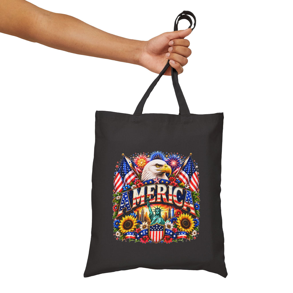 Patriotic America Tote Bag, Eagle Sunflower Tote, USA Flag Market Bag, Fourth of July Gift