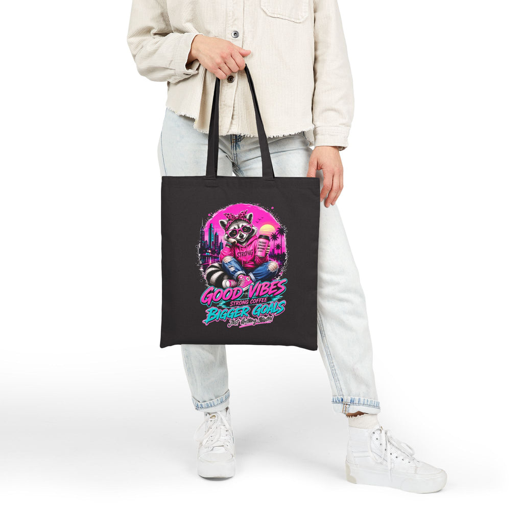 Cute Raccoon Tote Bag, Coffee Lover Gift, Good Vibes Bigger Goals Bag, Funny Reusable Grocery Tote, Aesthetic Canvas Style Shoulder Bag