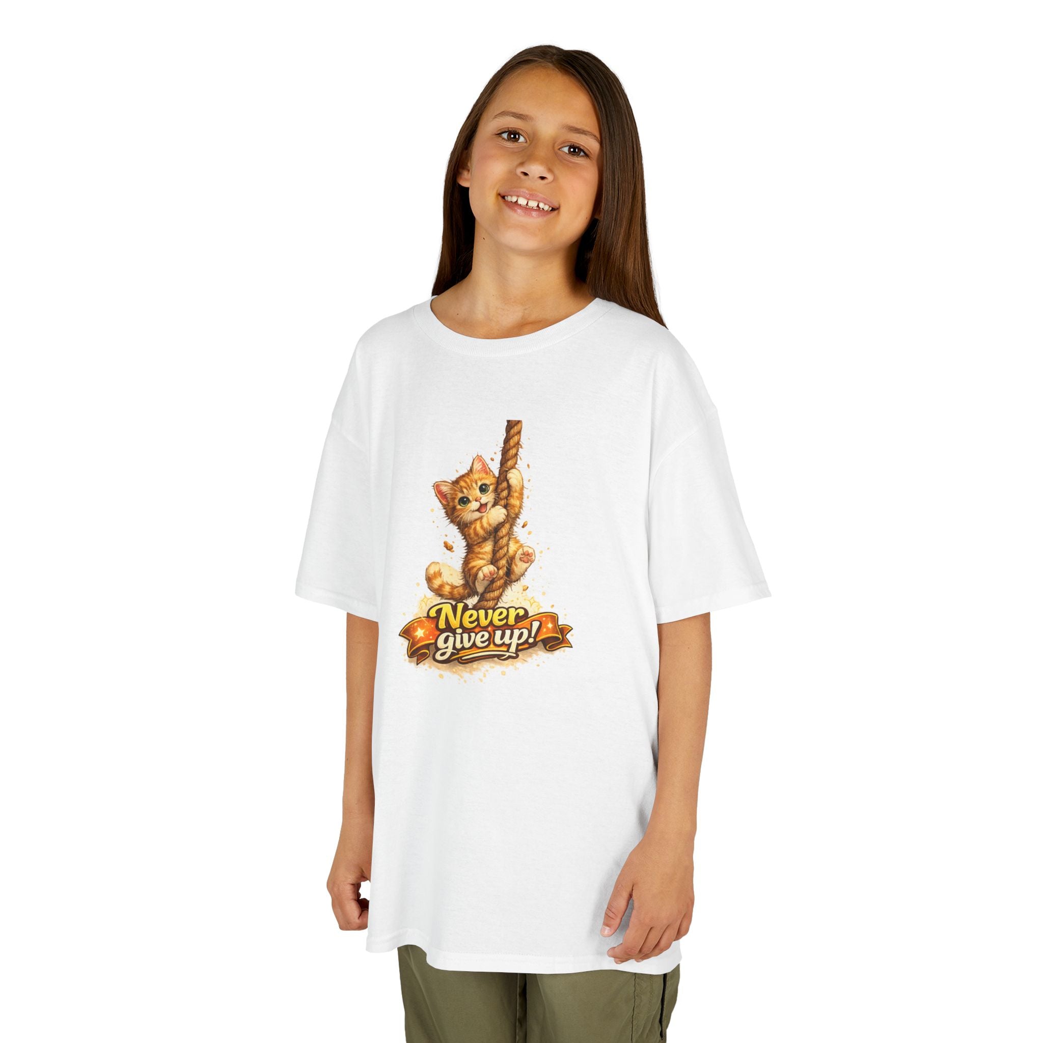 Kids Tee — Cute Climbing Kitten “Never Give Up” Inspirational Shirt