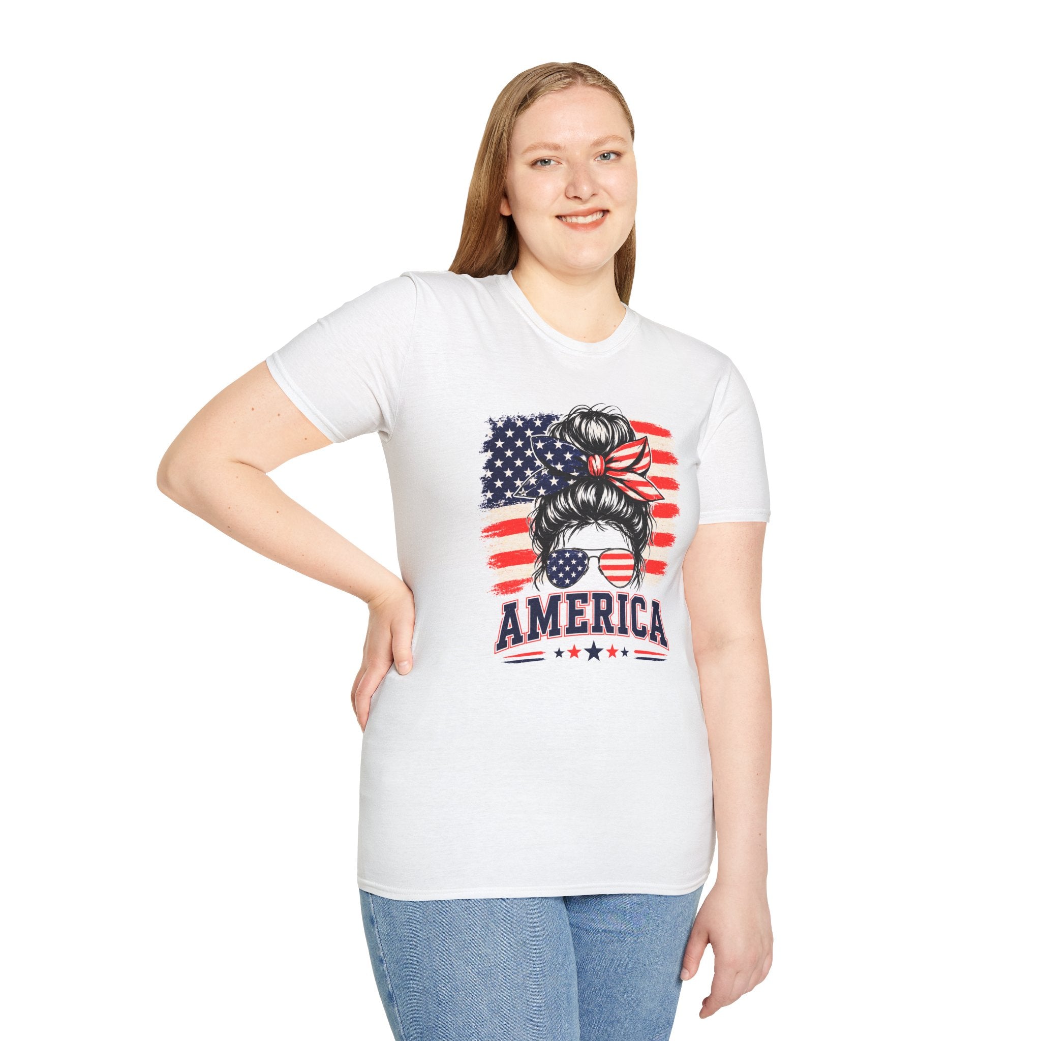 T-Shirt — Messy Bun American Flag Design (Patriotic Hair Band & Sunglasses)