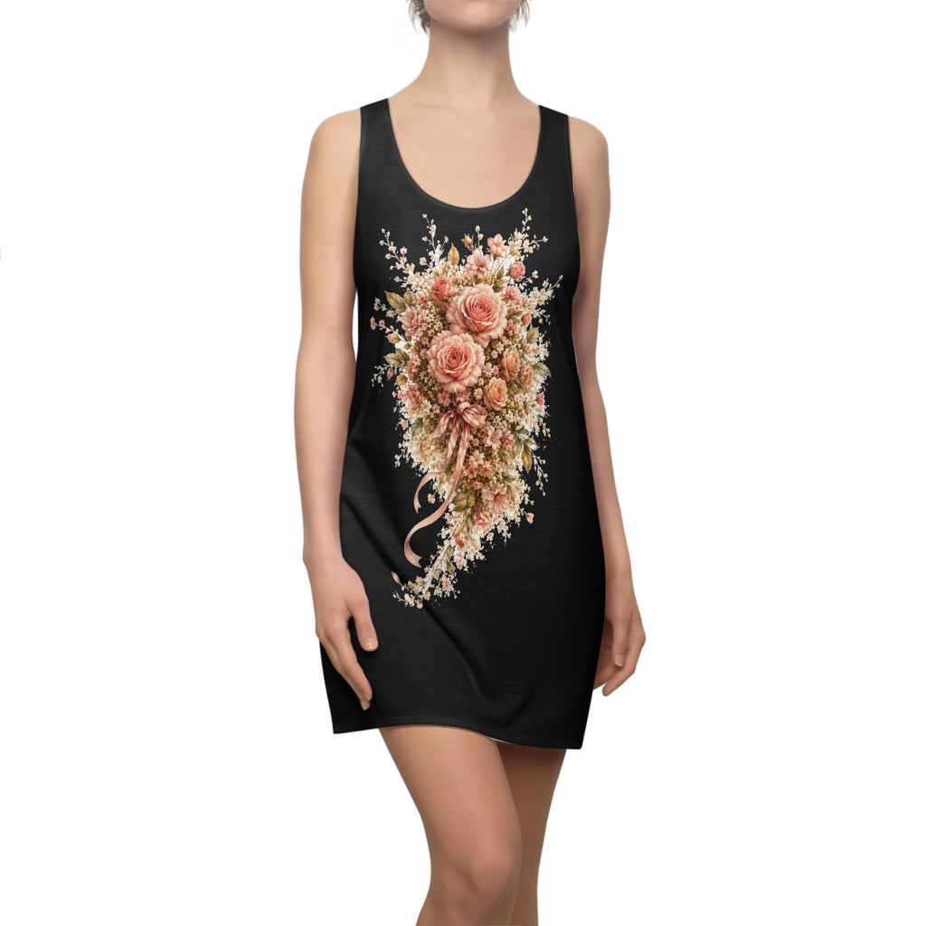 Floral Rose Bouquet Racerback Dress — Vintage Peach Roses on Black