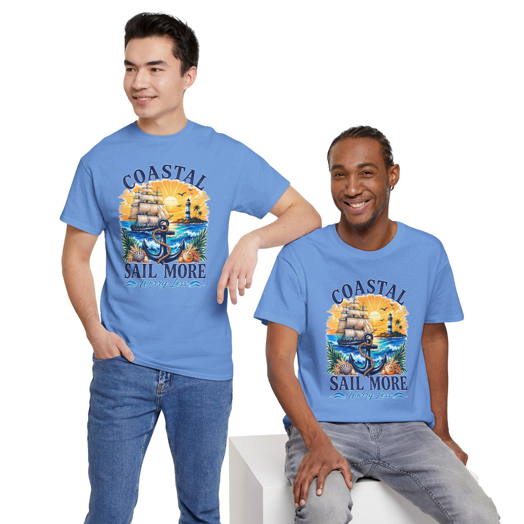 Coastal Sail More Worry Less T-Shirt | Nautical Beach Graphic Tee | Sailing Lover Shirt | Ocean Sunset Gift