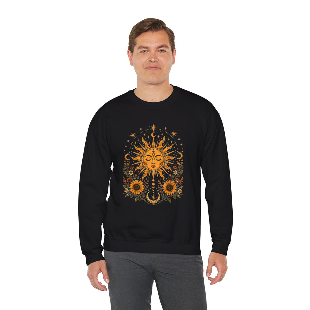 Sun & Sunflower Crewneck Sweatshirt, Boho Celestial Sweatshirt, Vintage Sun Graphic, Cozy Unisex Pullover, Gift for Her
