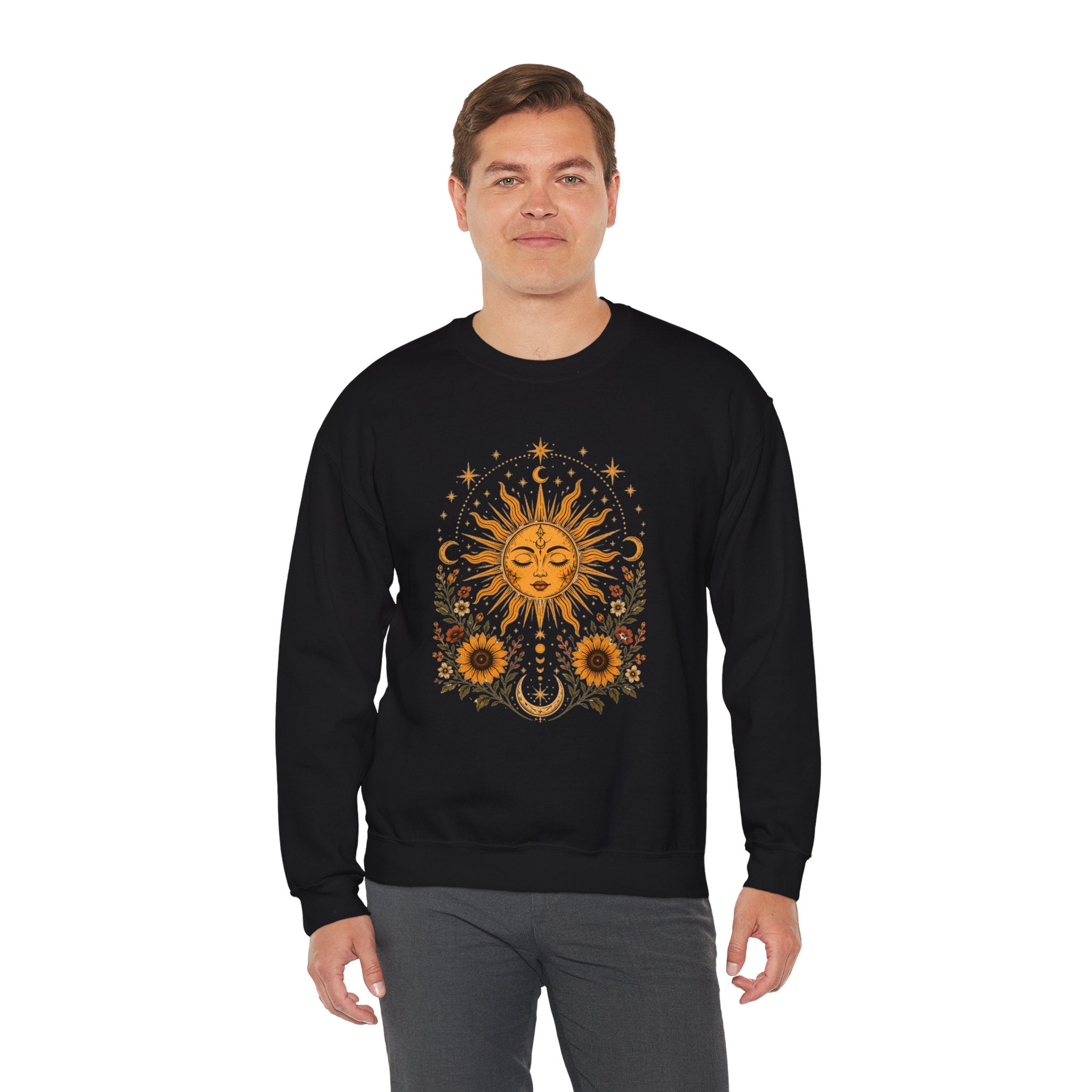 Sun & Sunflower Crewneck Sweatshirt, Boho Celestial Sweatshirt, Vintage Sun Graphic, Cozy Unisex Pullover, Gift for Her