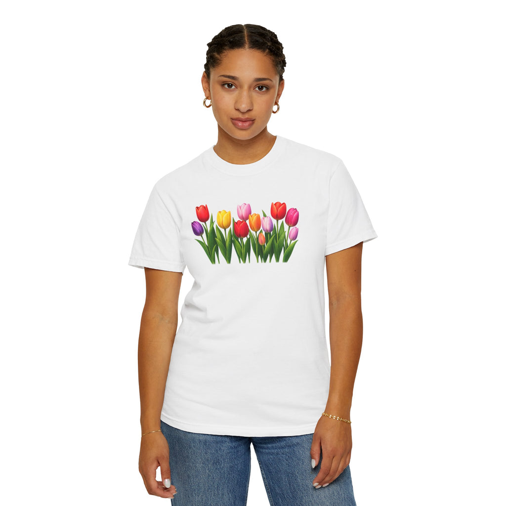 Colorful Tulip Shirt, Floral T-Shirt for Women, Botanical Graphic Tee, Spring Garden Shirt, Comfort Colors Tee