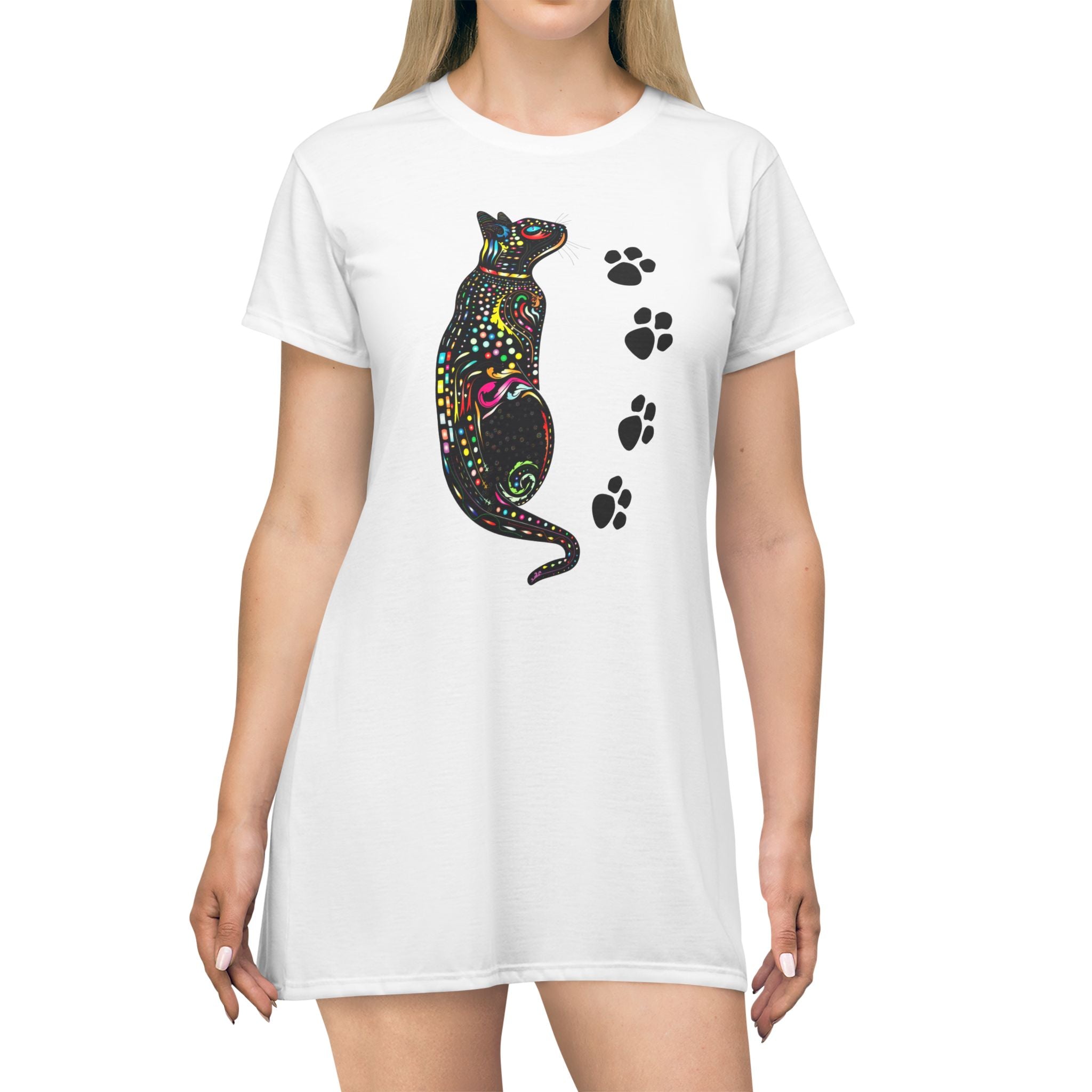 Cat Lover Dress with Paw Prints, Colorful Cat Design, Cute Aesthetic Outfit
