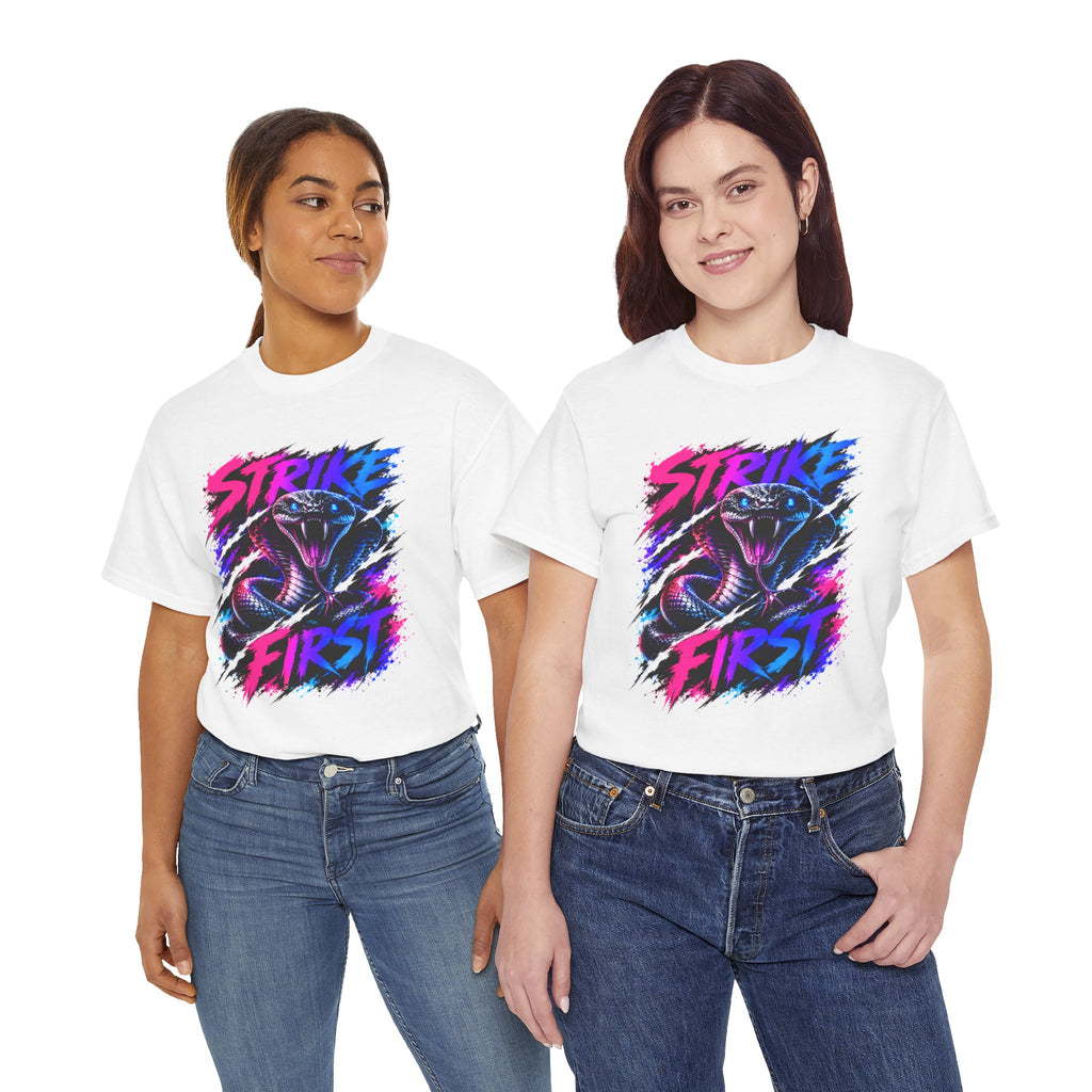Strike First Cobra T-Shirt | Neon Snake Graphic Tee | Bold Streetwear Shirt | Unisex Graphic Tee