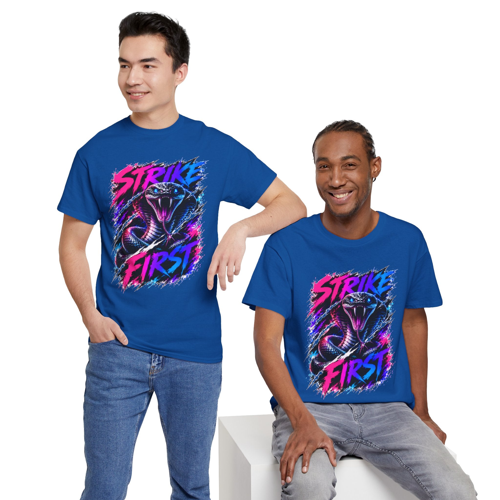 Strike First Cobra T-Shirt | Neon Snake Graphic Tee | Bold Streetwear Shirt | Unisex Graphic Tee