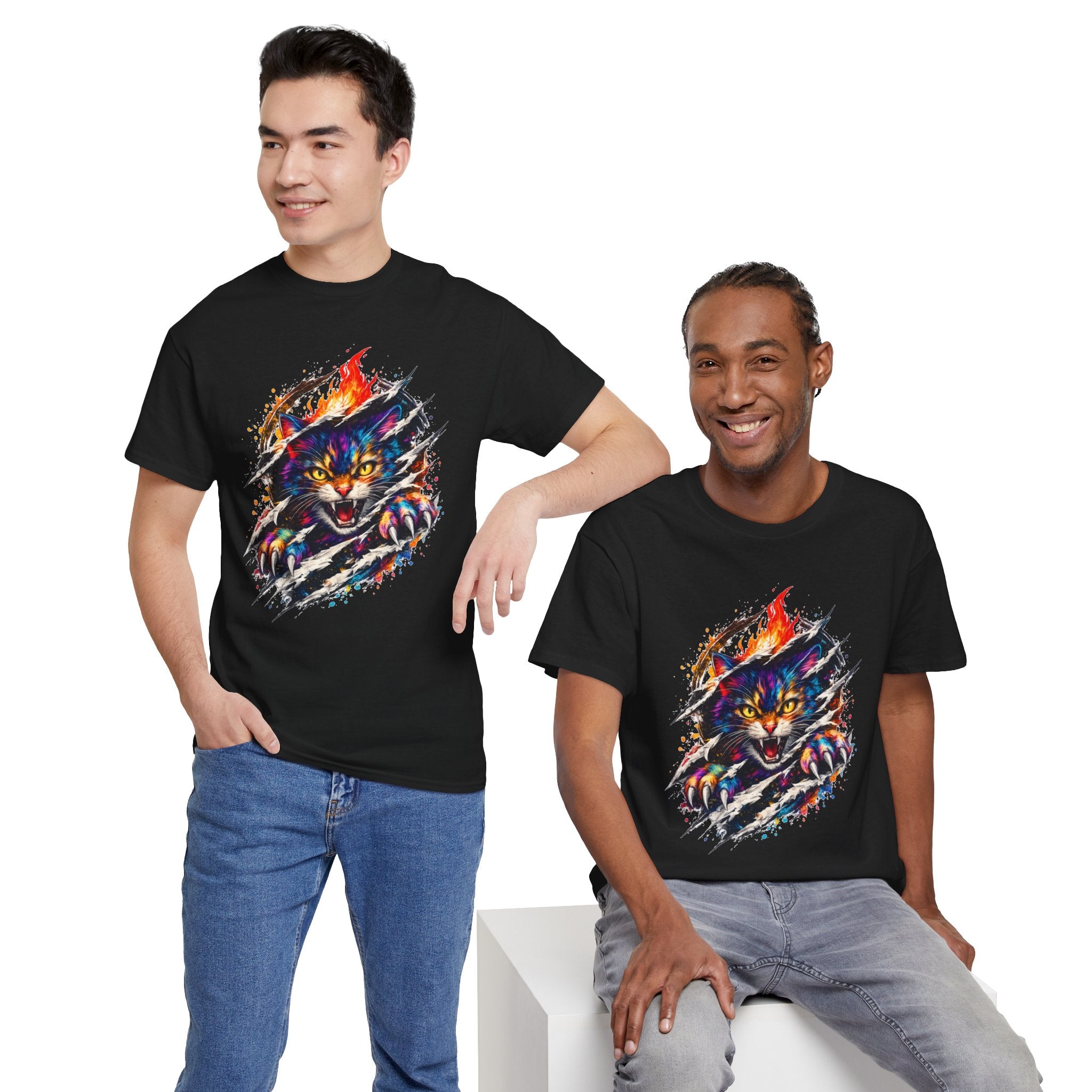 Colorful Angry Cat Rip Through Graphic Tee | Neon Cat T-Shirt | Unisex Streetwear Shirt | Fierce Cat Art | Gift for Cat Lovers