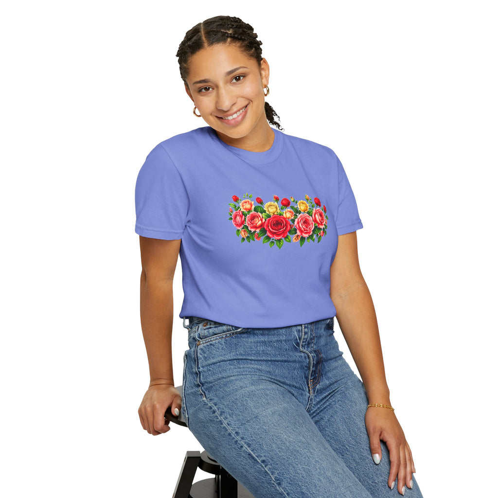 Colorful Floral T-Shirt for Women, Rose Flower Shirt, Botanical Graphic Tee, Cute Garden Shirt, Cottagecore Gift, Comfort Colors Tee