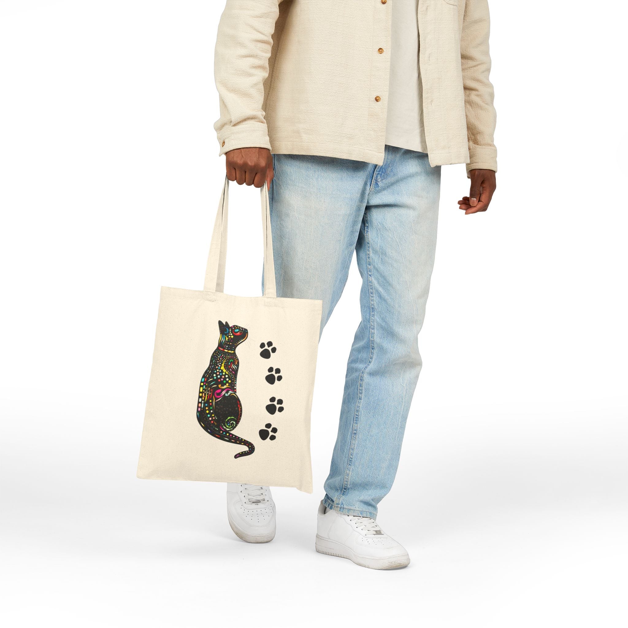 Cat Lover Tote Bag, Colorful Cat Art with Paw Prints, Cute Canvas Bag