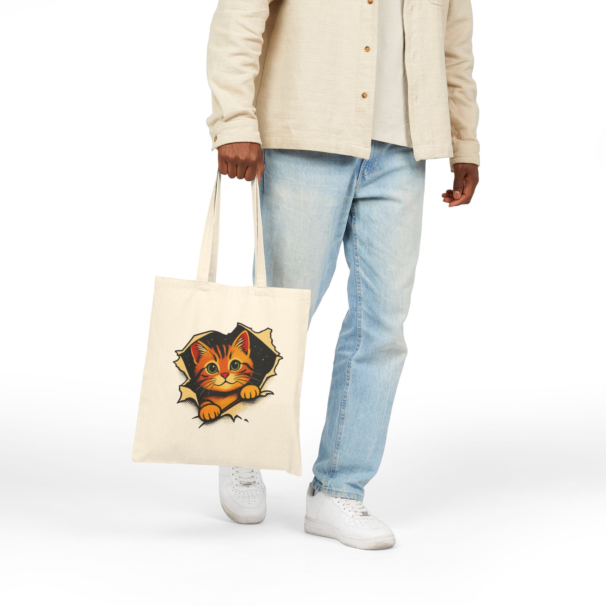 Cat Peeking Tote Bag — Cute Kitten Canvas Grocery & Book Bag