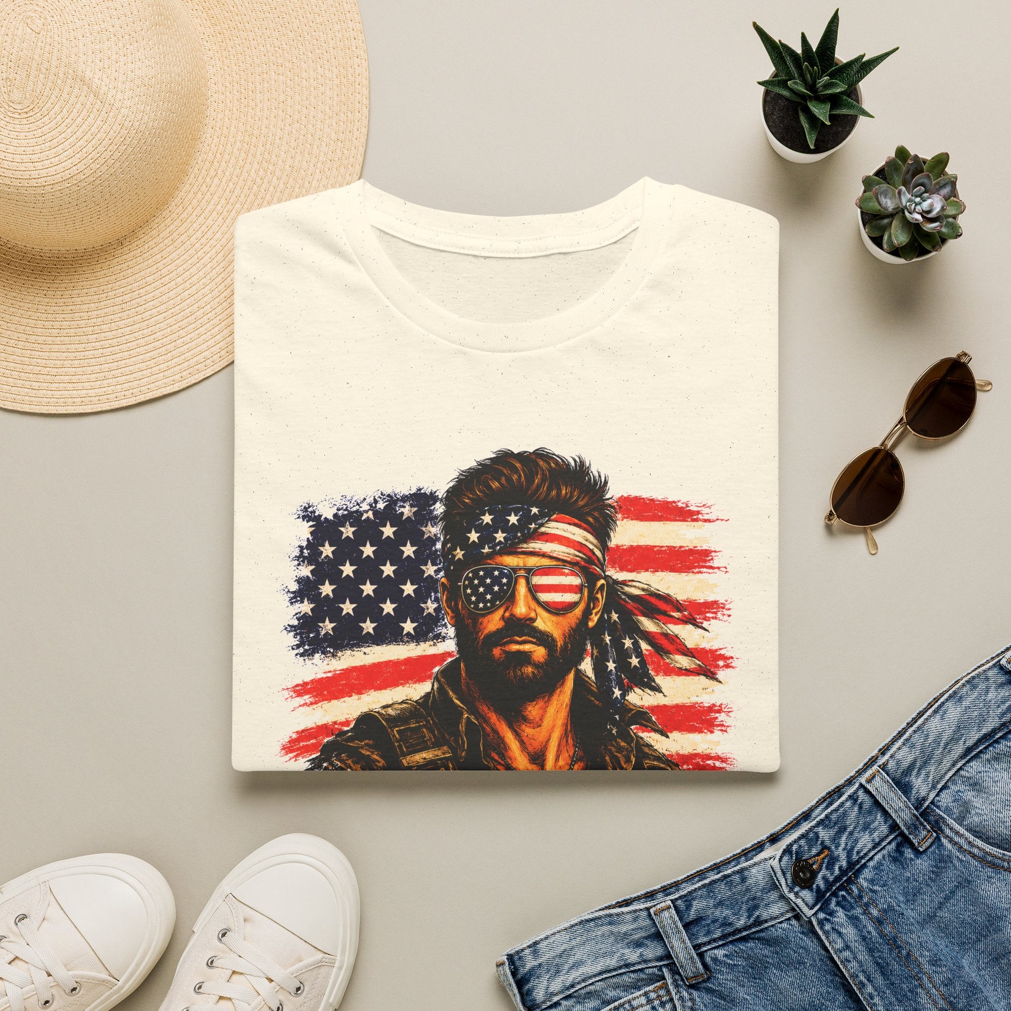 Patriotic Bandana Man T-Shirt — USA Flag Graphic Tee ("America")