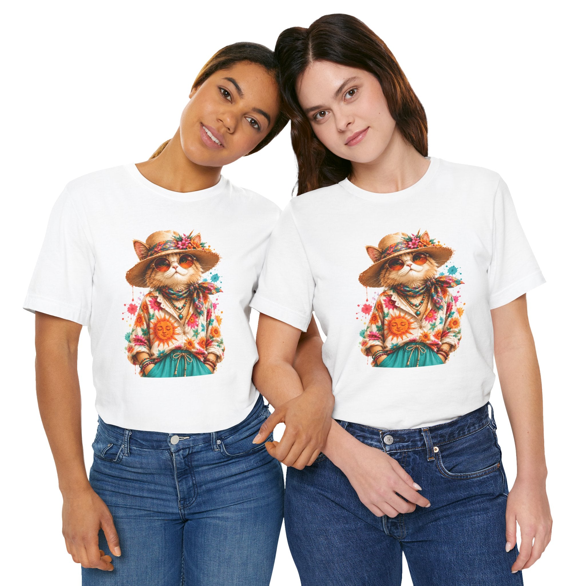 Boho Cat Graphic Tee — Floral Hat & Sunshine Cat T-Shirt