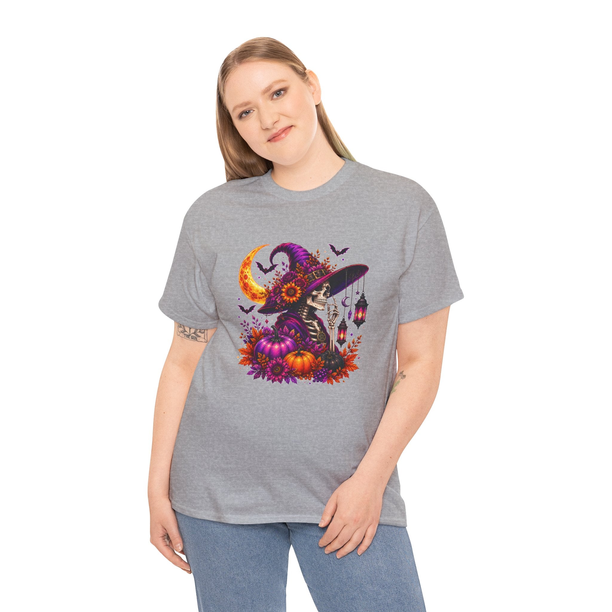 Halloween Witch Skeleton T-Shirt, Spooky Pumpkin Moon Tee, Gothic Fall Graphic Shirt, Halloween Gift for Her