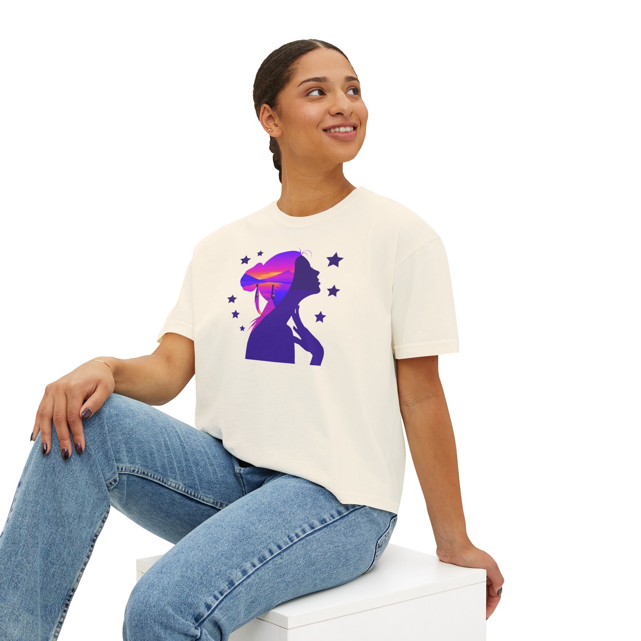 Women's Boxy Tee — Purple Sunset Silhouette Tee for Girls & Teens