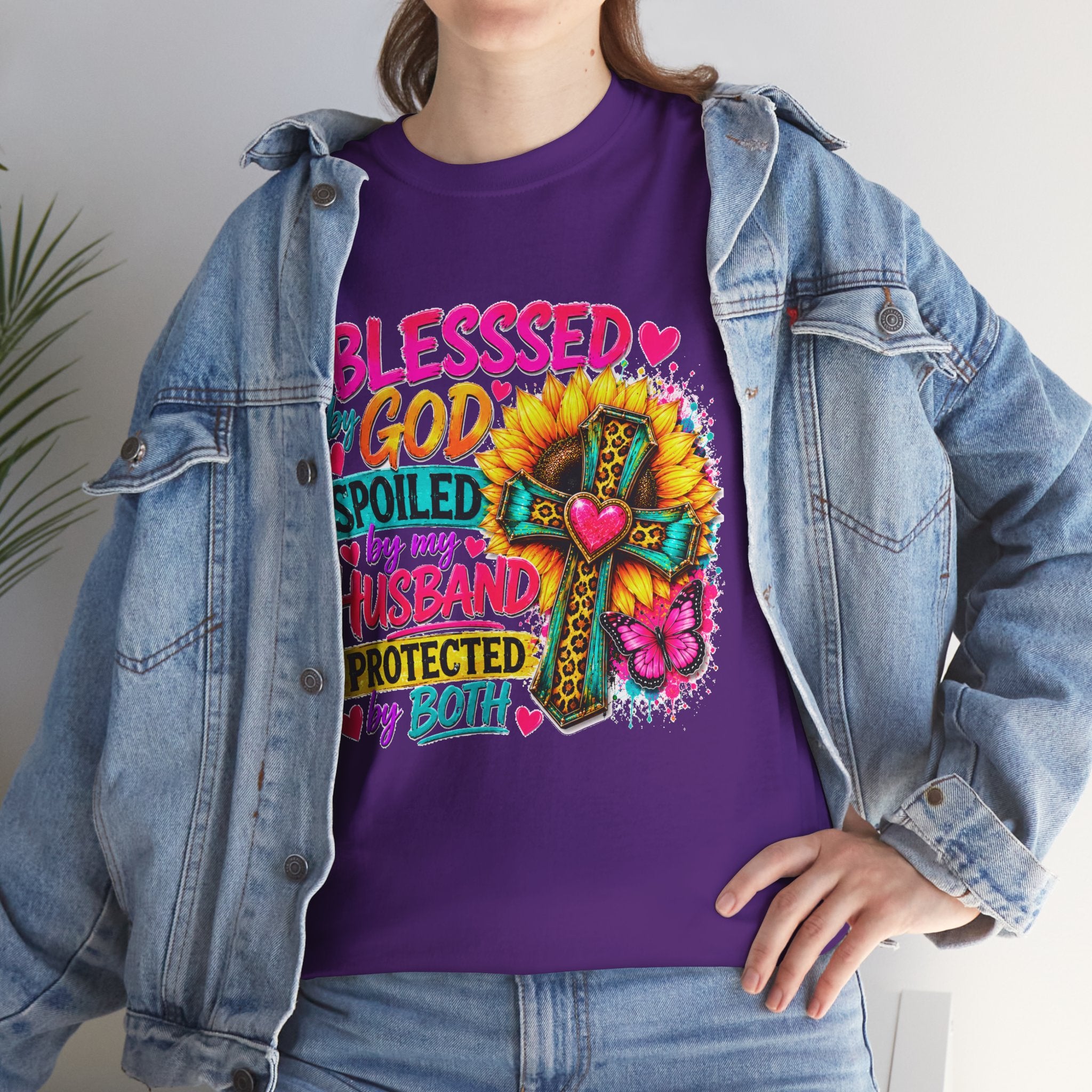 Blessed by God Spoiled by My Husband Tee — Christian Cross Floral Women's Shirt