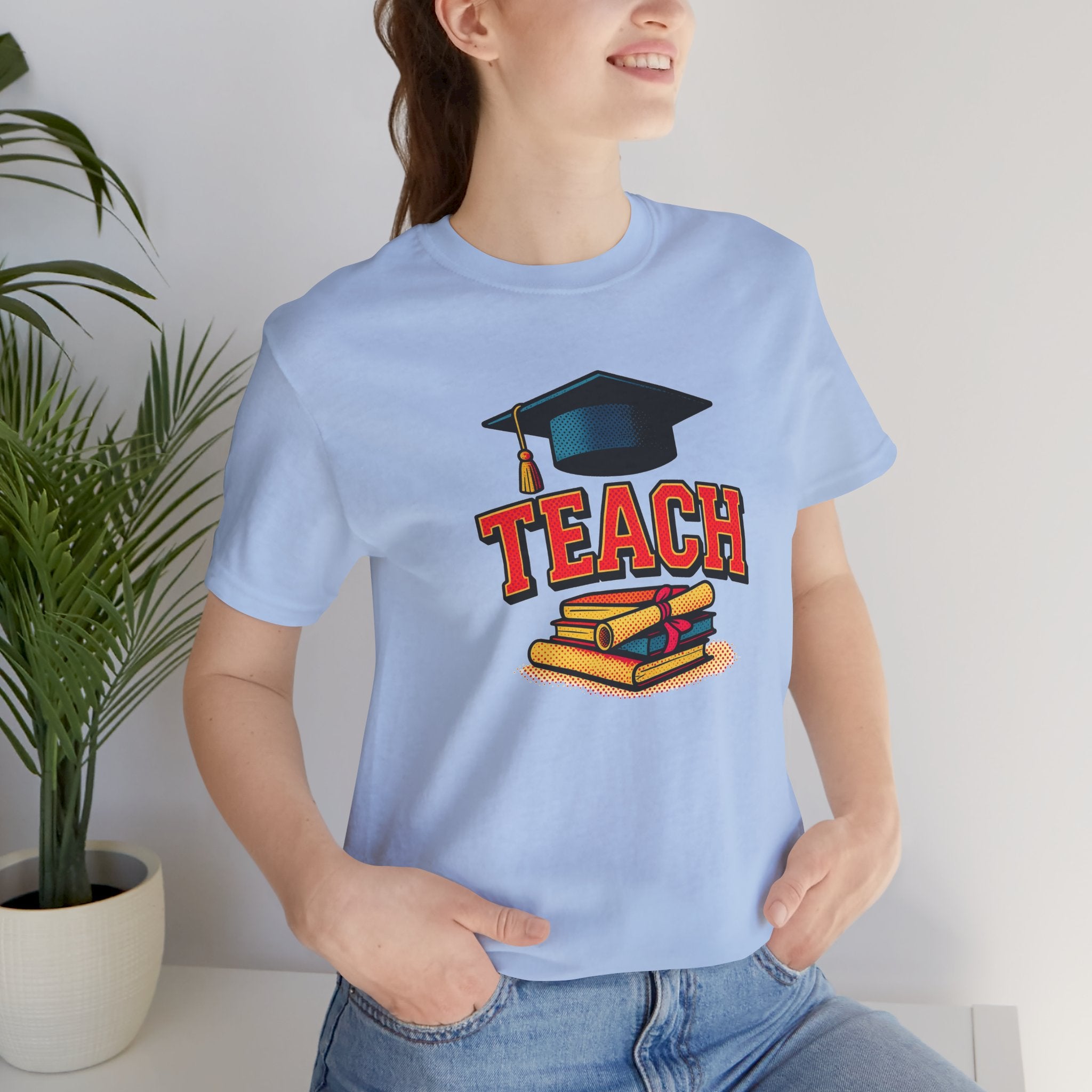 Teach Graduation T‑Shirt — Teacher Gift Tee with Cap & Books Design