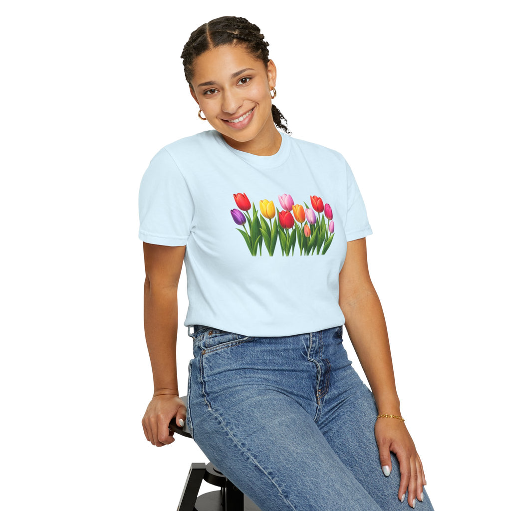 Colorful Tulip Shirt, Floral T-Shirt for Women, Botanical Graphic Tee, Spring Garden Shirt, Comfort Colors Tee
