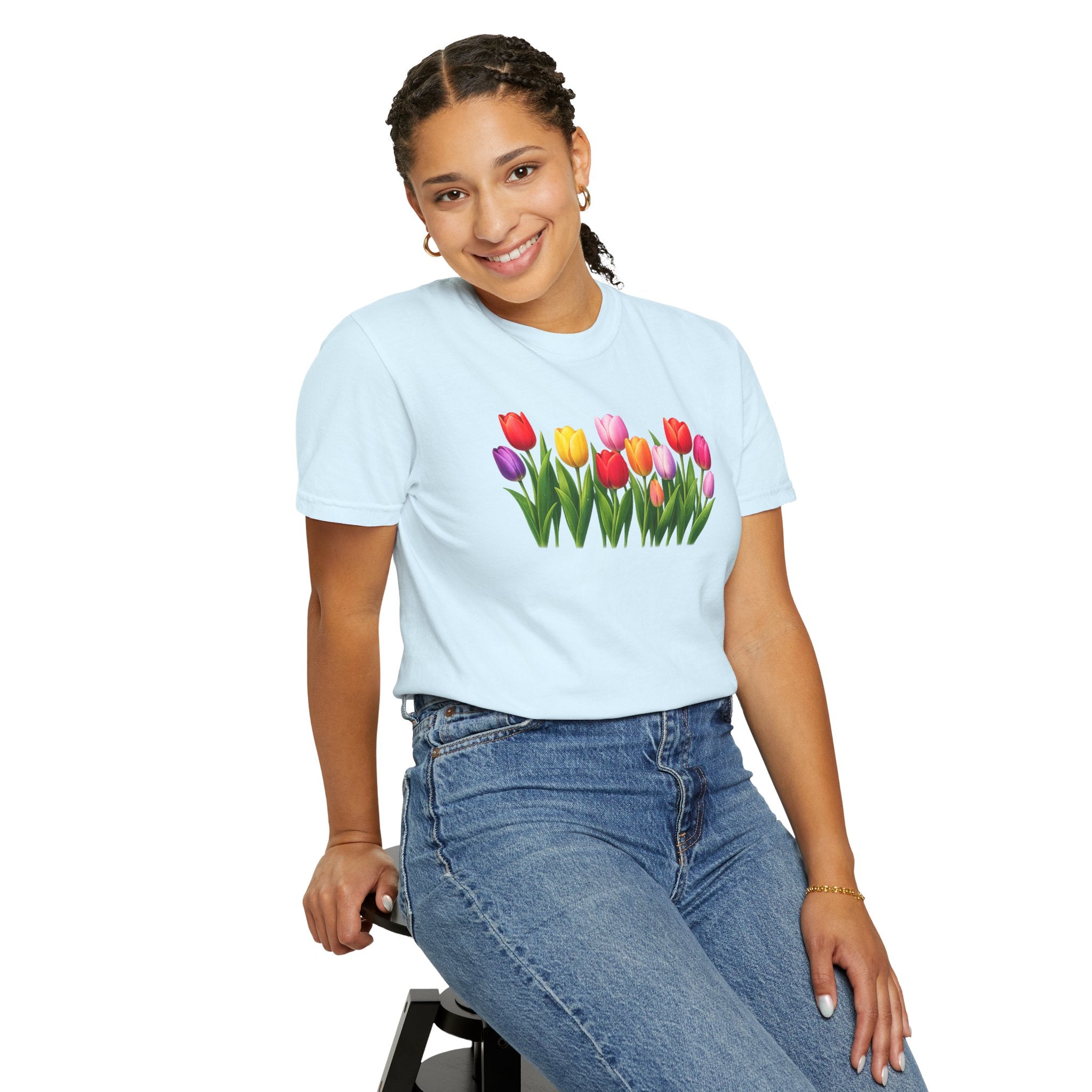 Colorful Tulip Shirt, Floral T-Shirt for Women, Botanical Graphic Tee, Spring Garden Shirt, Comfort Colors Tee
