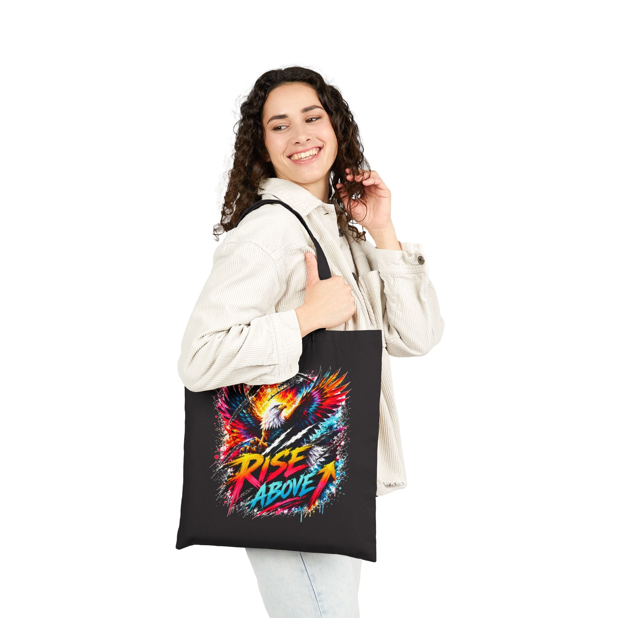 Rise Above Eagle Tote Bag | Colorful Eagle Canvas Tote | Motivational Reusable Shopping Bag | Unisex Graphic Tote | Gift for Eagle Lovers