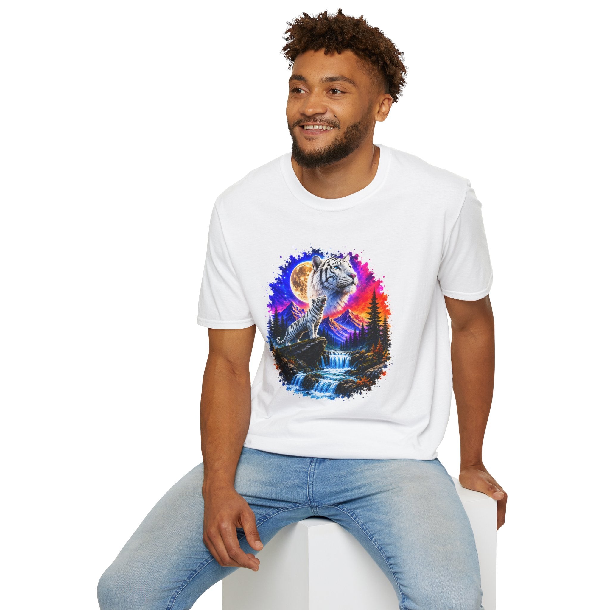 White Tiger Moon T-Shirt | Colorful Wildlife Graphic Tee | Big Cat Lover Gift | Nature Shirt