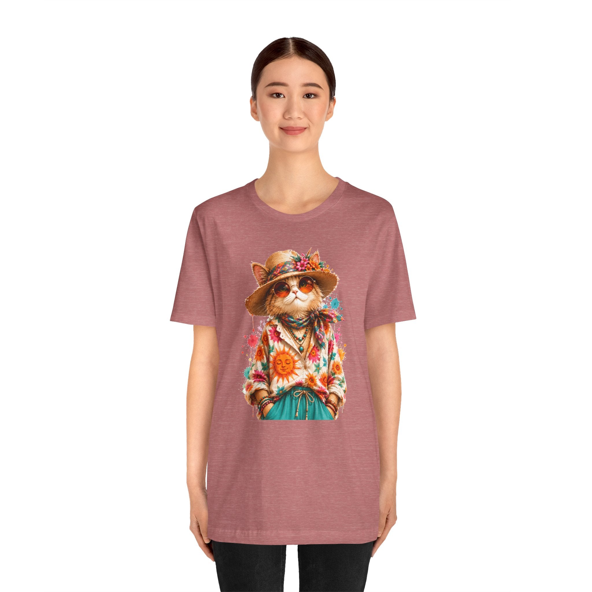 Boho Cat Graphic Tee — Floral Hat & Sunshine Cat T-Shirt