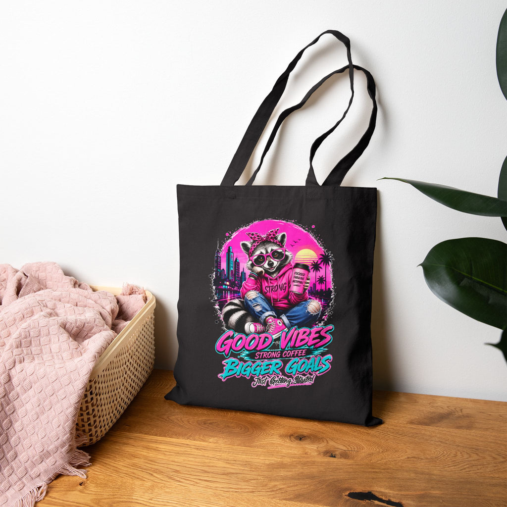 Cute Raccoon Tote Bag, Coffee Lover Gift, Good Vibes Bigger Goals Bag, Funny Reusable Grocery Tote, Aesthetic Canvas Style Shoulder Bag