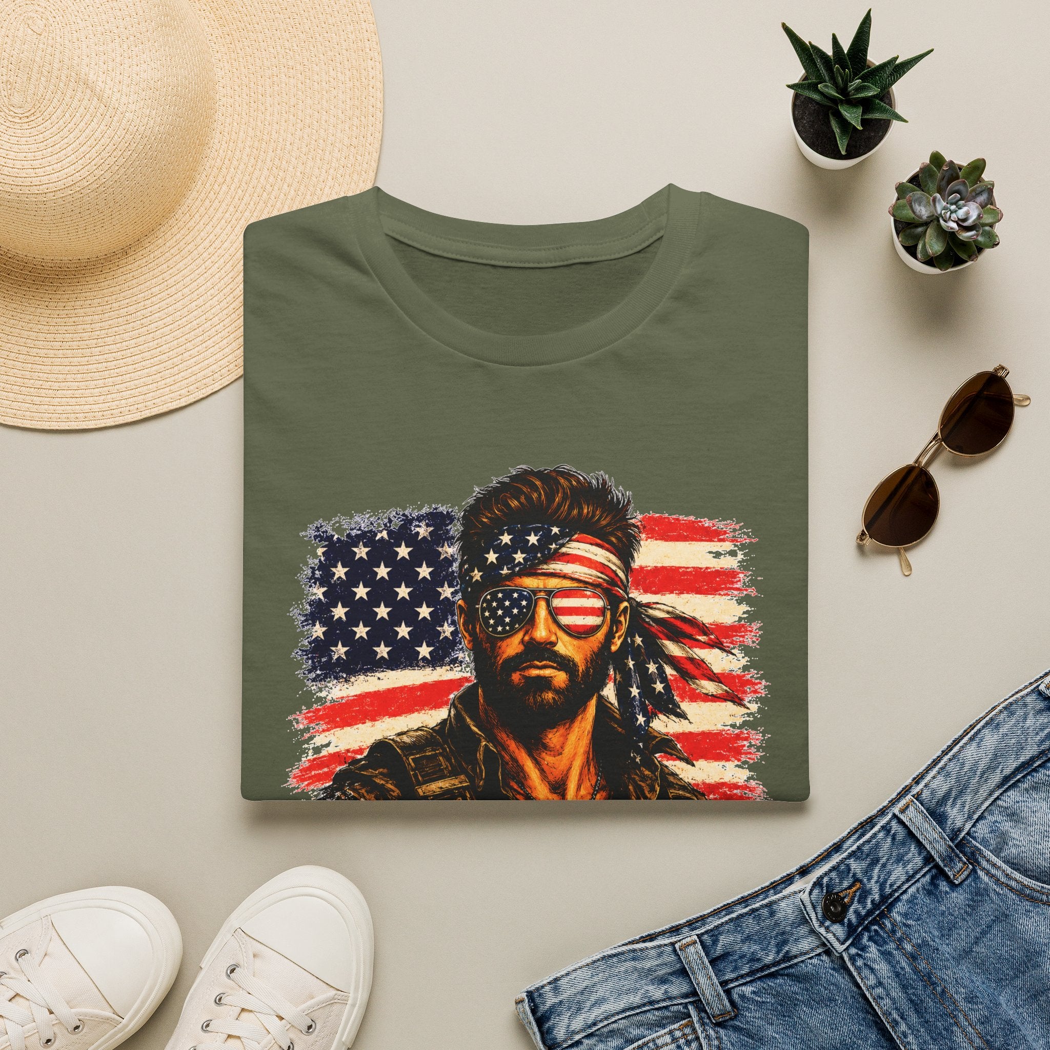 Patriotic Bandana Man T-Shirt — USA Flag Graphic Tee ("America")