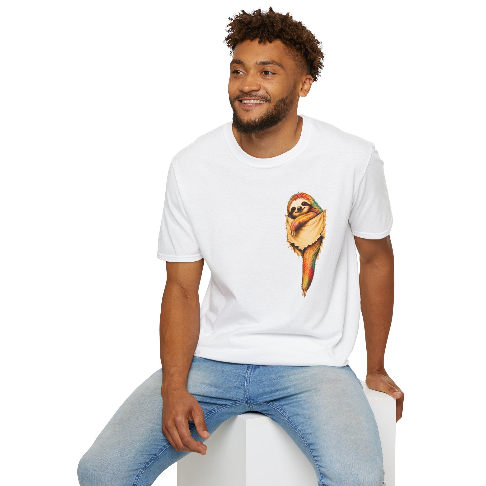 Sloth Pocket Tee — Cute Hugging Sloth Graphic T-Shirt