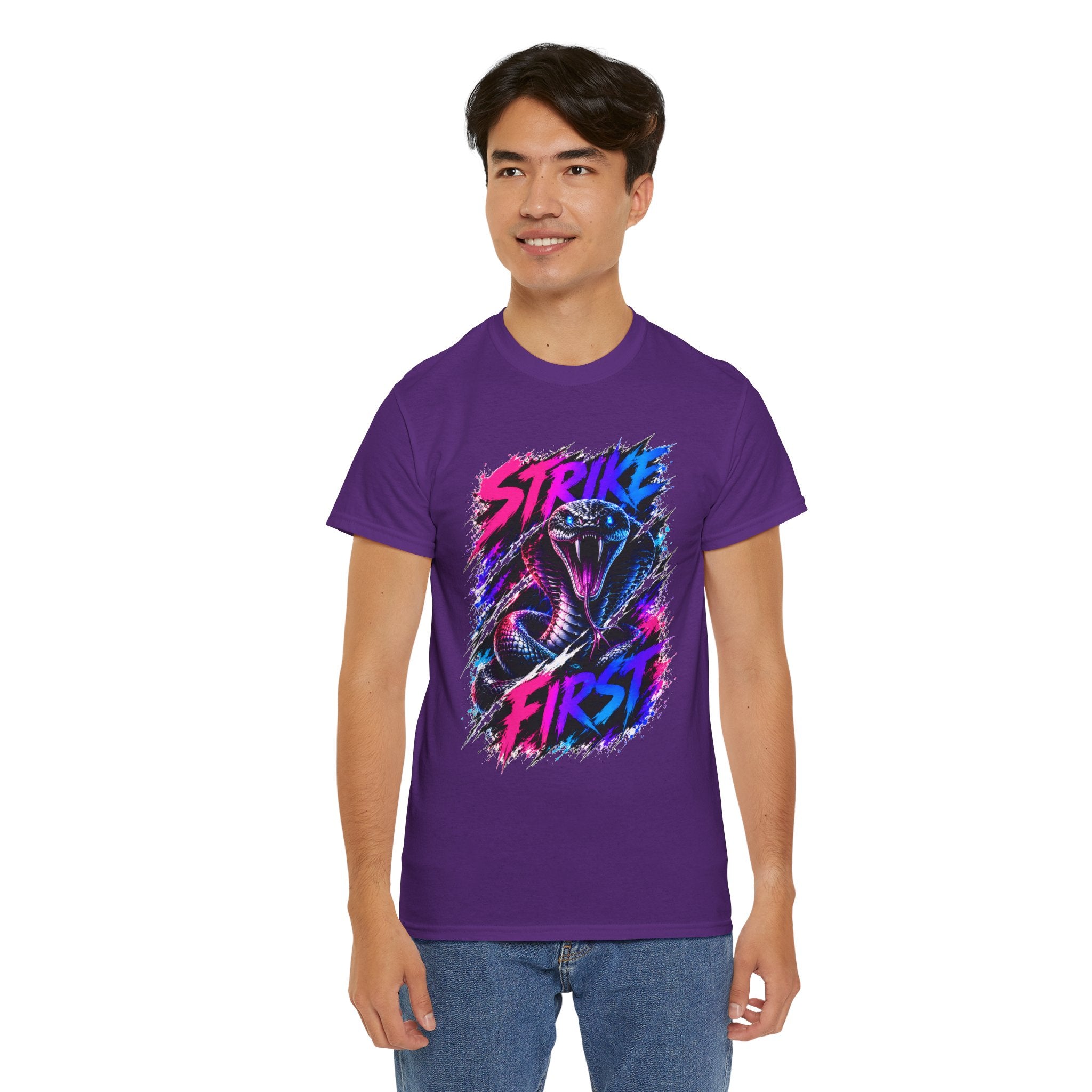 Strike First Cobra T-Shirt | Neon Snake Graphic Tee | Bold Streetwear Shirt | Unisex Graphic Tee