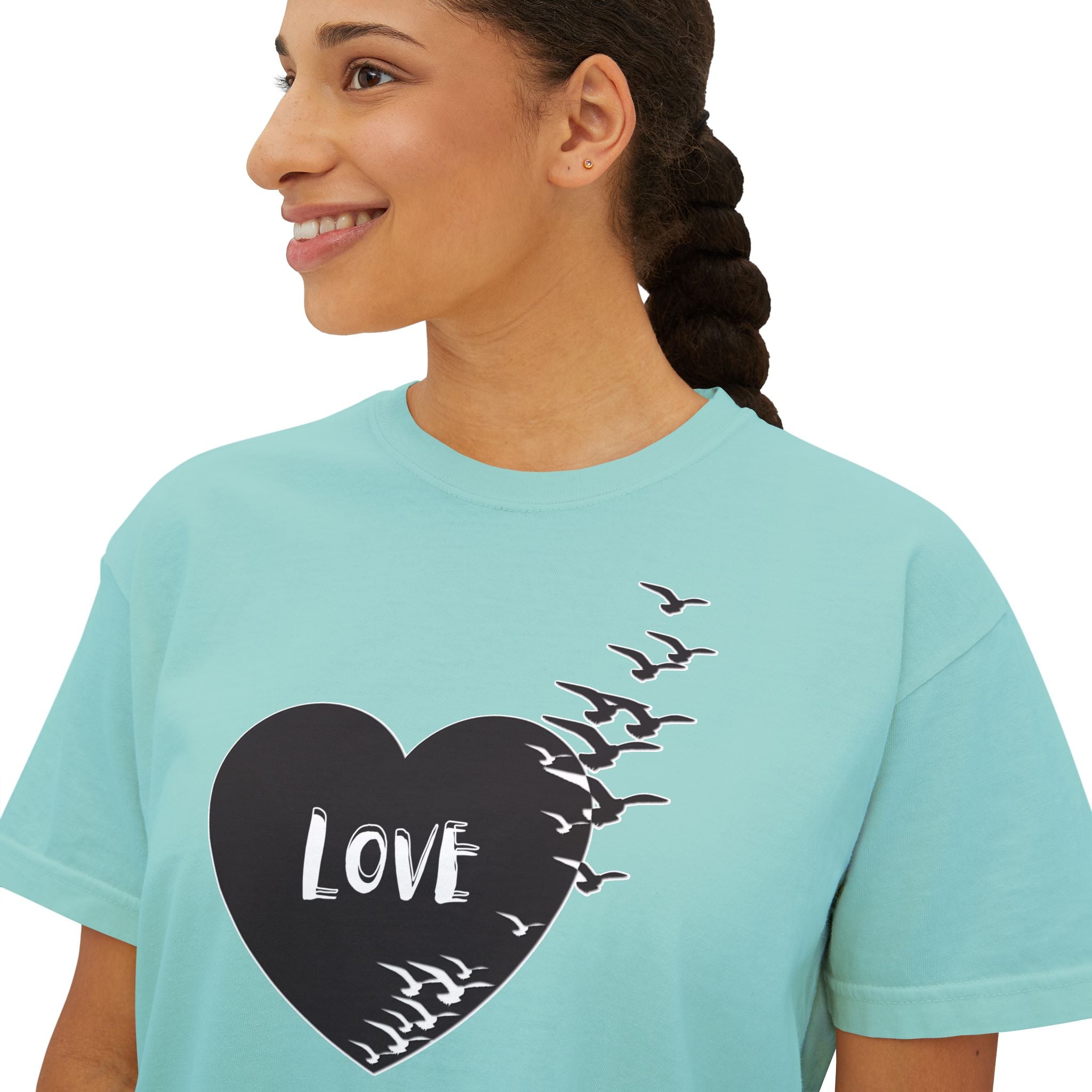Love Bird Heart Boxy Tee — Women's Casual Graphic Shirt