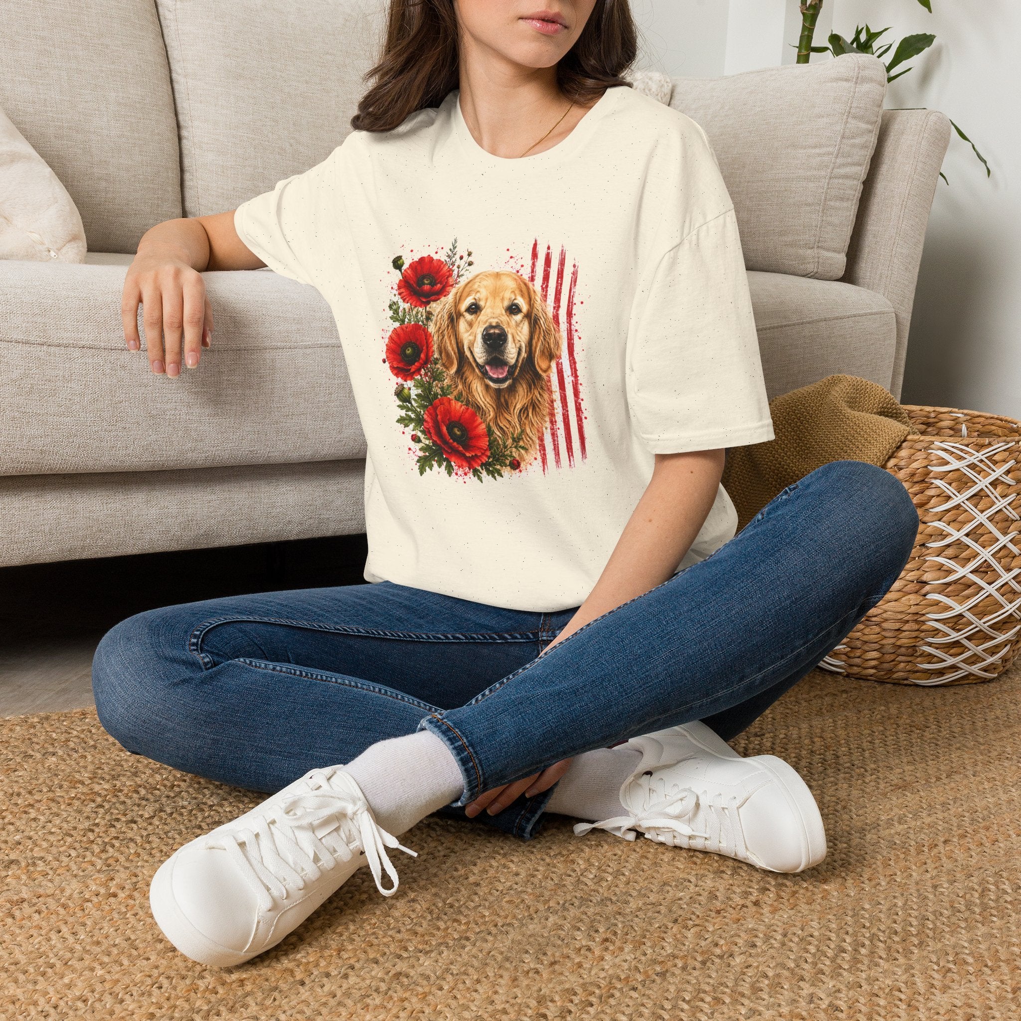 Golden Retriever Poppy T-Shirt | Patriotic Dog Lover Shirt | Golden Retriever Mom Gift | Floral Dog Graphic Tee | Unisex USA Shirt