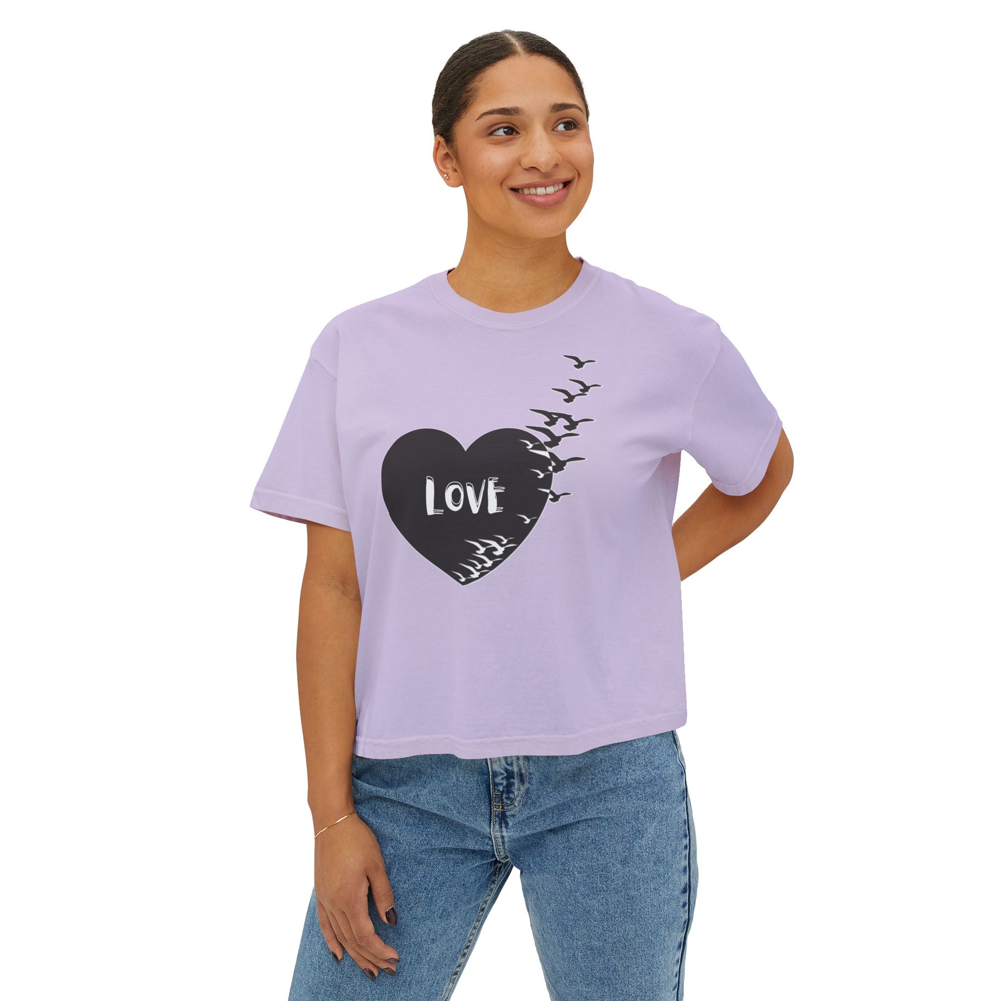 Love Bird Heart Boxy Tee — Women's Casual Graphic Shirt
