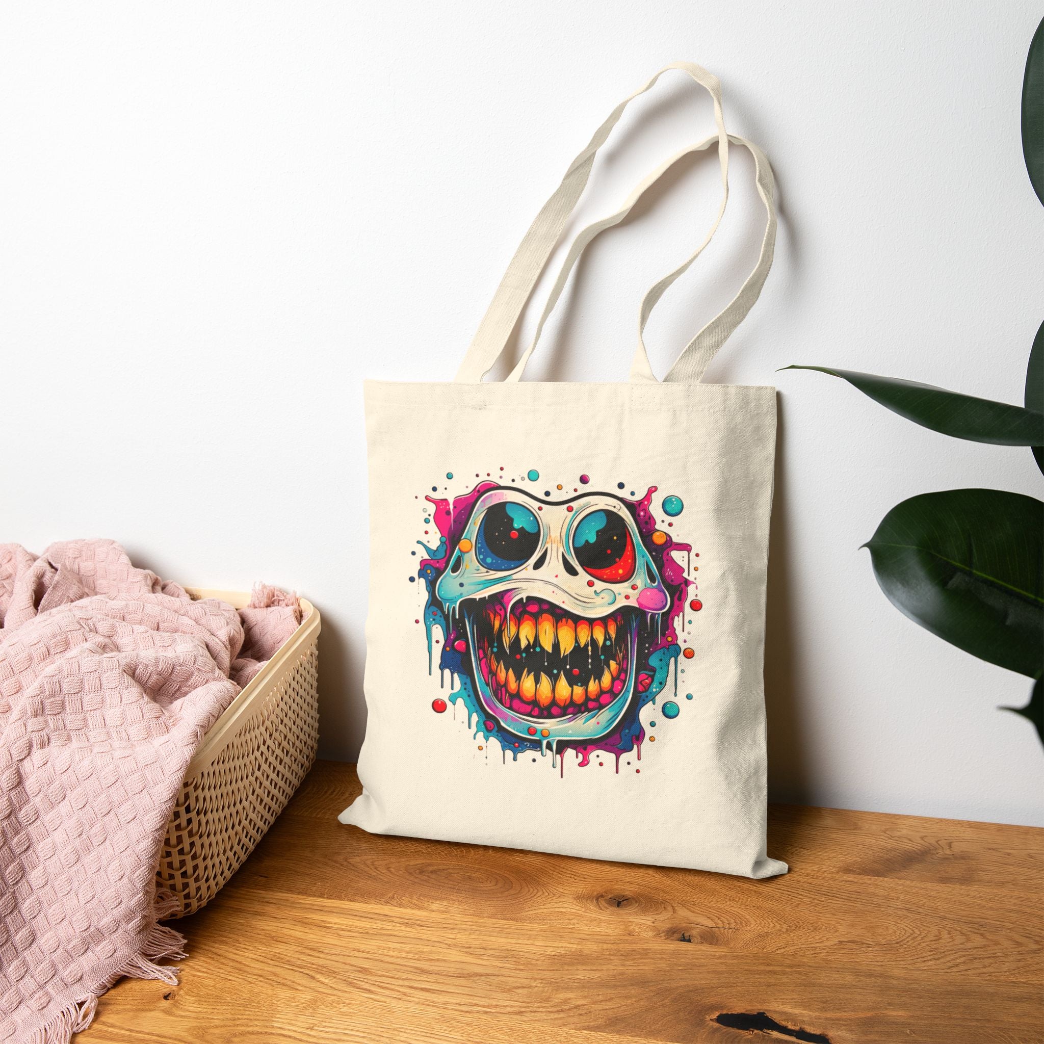 Tote Bag - Colorful Grinning Skull Canvas Tote ,Halloween, Gothic Streetwear
