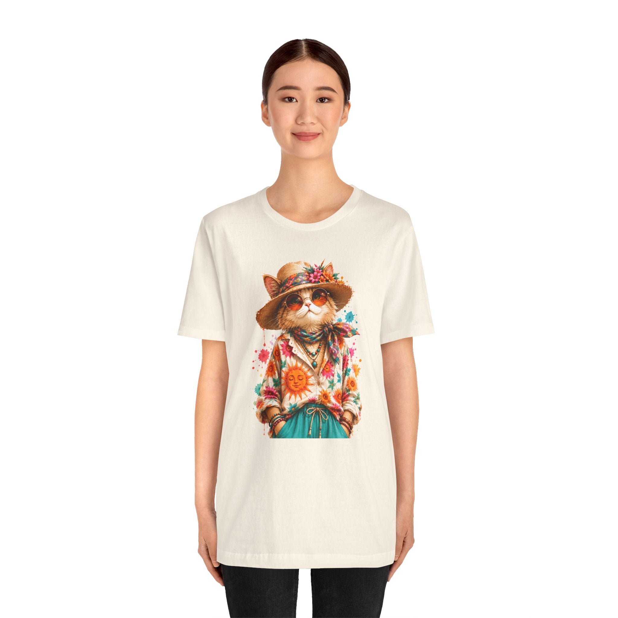 Boho Cat Graphic Tee — Floral Hat & Sunshine Cat T-Shirt