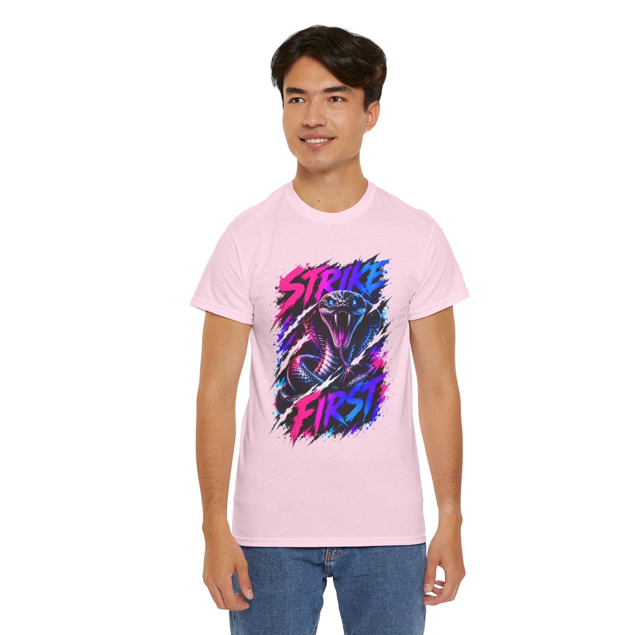 Strike First Cobra T-Shirt | Neon Snake Graphic Tee | Bold Streetwear Shirt | Unisex Graphic Tee