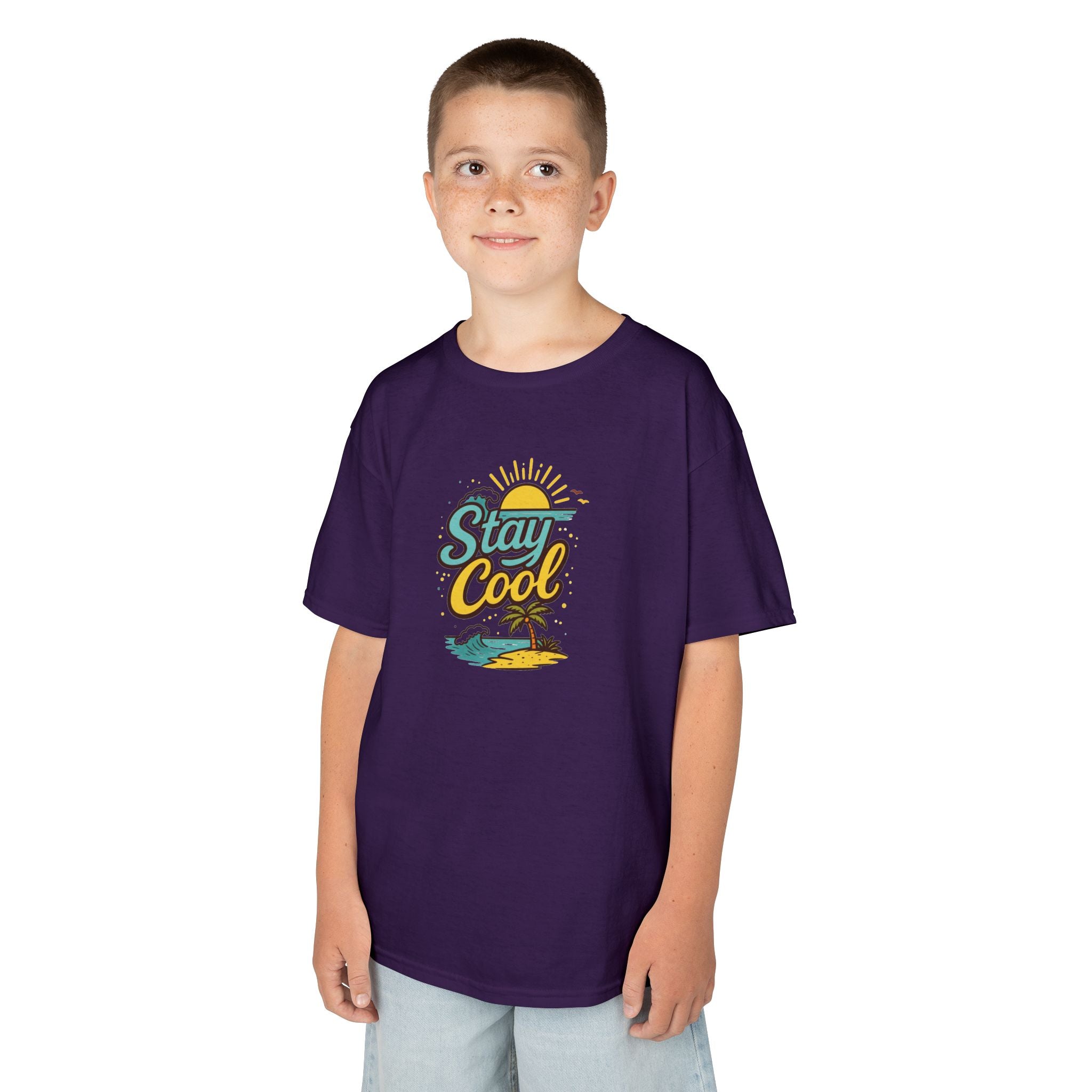Kids "Stay Cool" Beach Graphic Tee — Tropical Sun & Palm Vacation Shirt