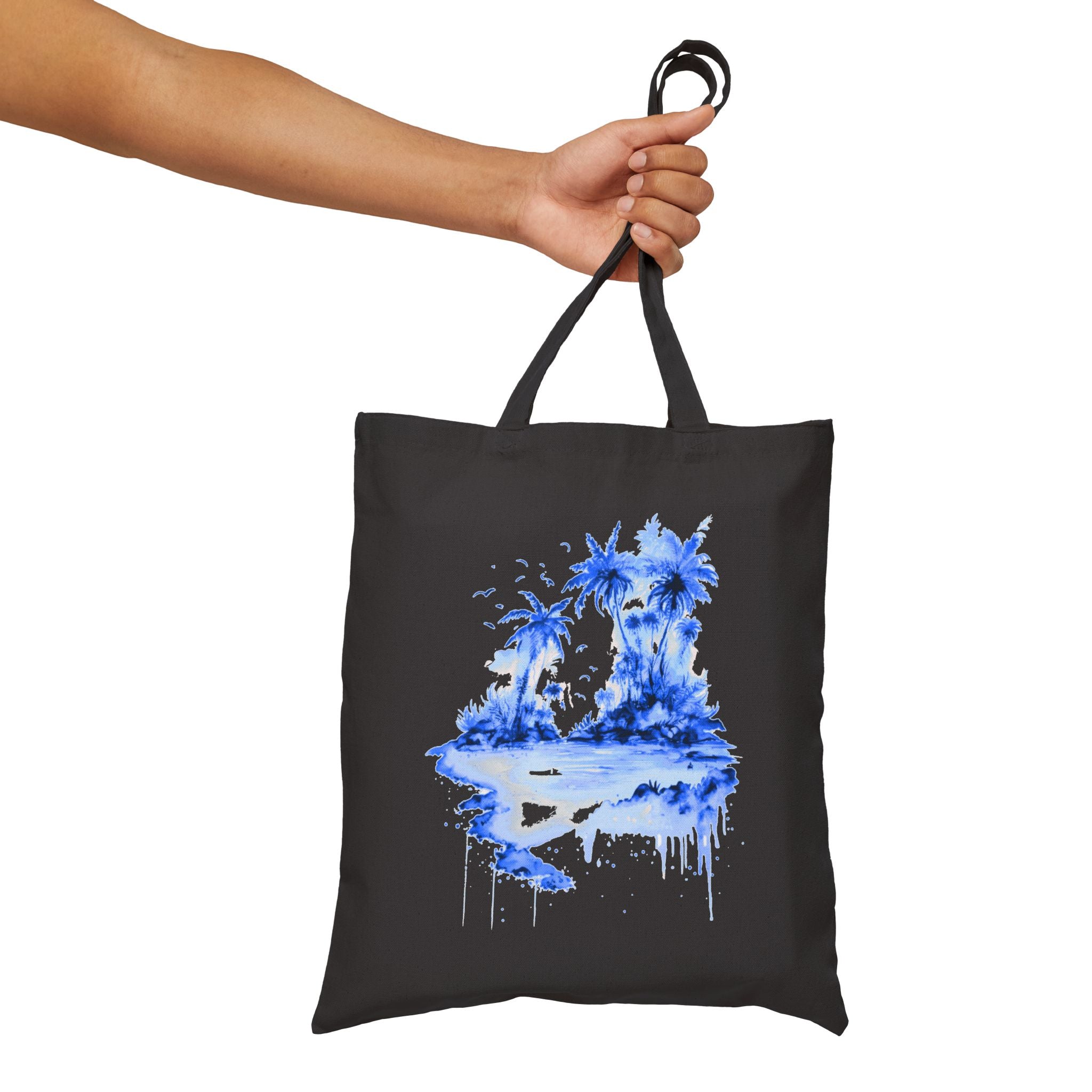 Blue Watercolor Tropical Island Tote Bag | Palm Trees Beach Canvas
