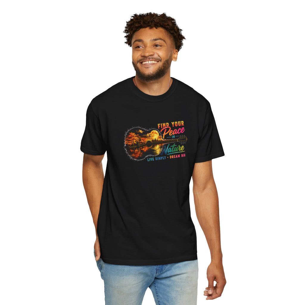 Acoustic Guitar Nature T-Shirt, Find Your Peace in Nature Tee, Music Lover Gift, Camping Shirt, Outdoor Graphic Tee, Hiking Shirt
