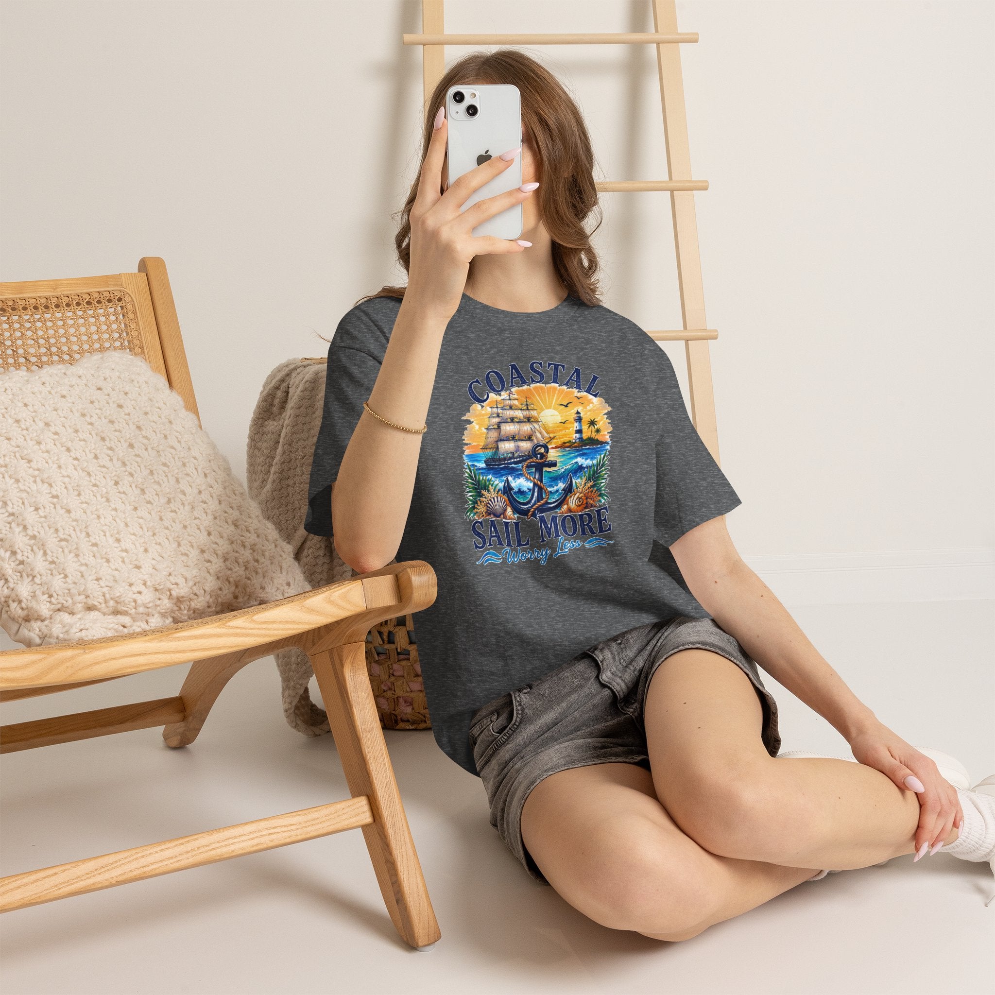 Coastal Sail More Worry Less T-Shirt | Nautical Beach Graphic Tee | Sailing Lover Shirt | Ocean Sunset Gift