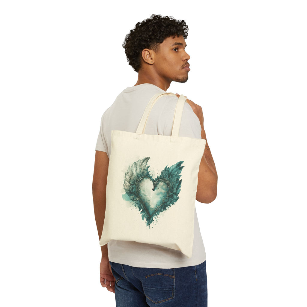 Cute Canvas Tote Bag with Teal Watercolor Angel Wings Heart Design