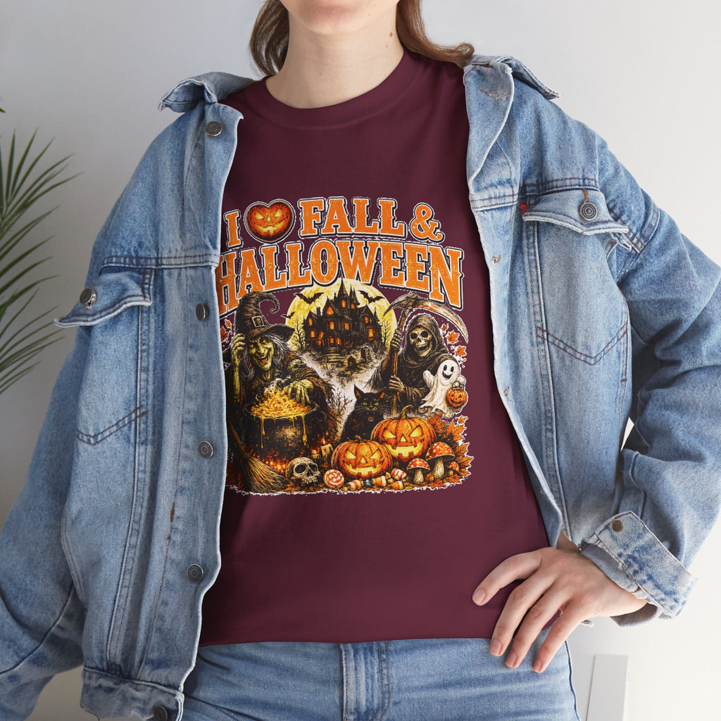 I Love Fall & Halloween T-Shirt | Vintage Halloween Shirt | Spooky Pumpkin Witch Tee | Cute Fall Graphic Tee | Autumn Lover Gift