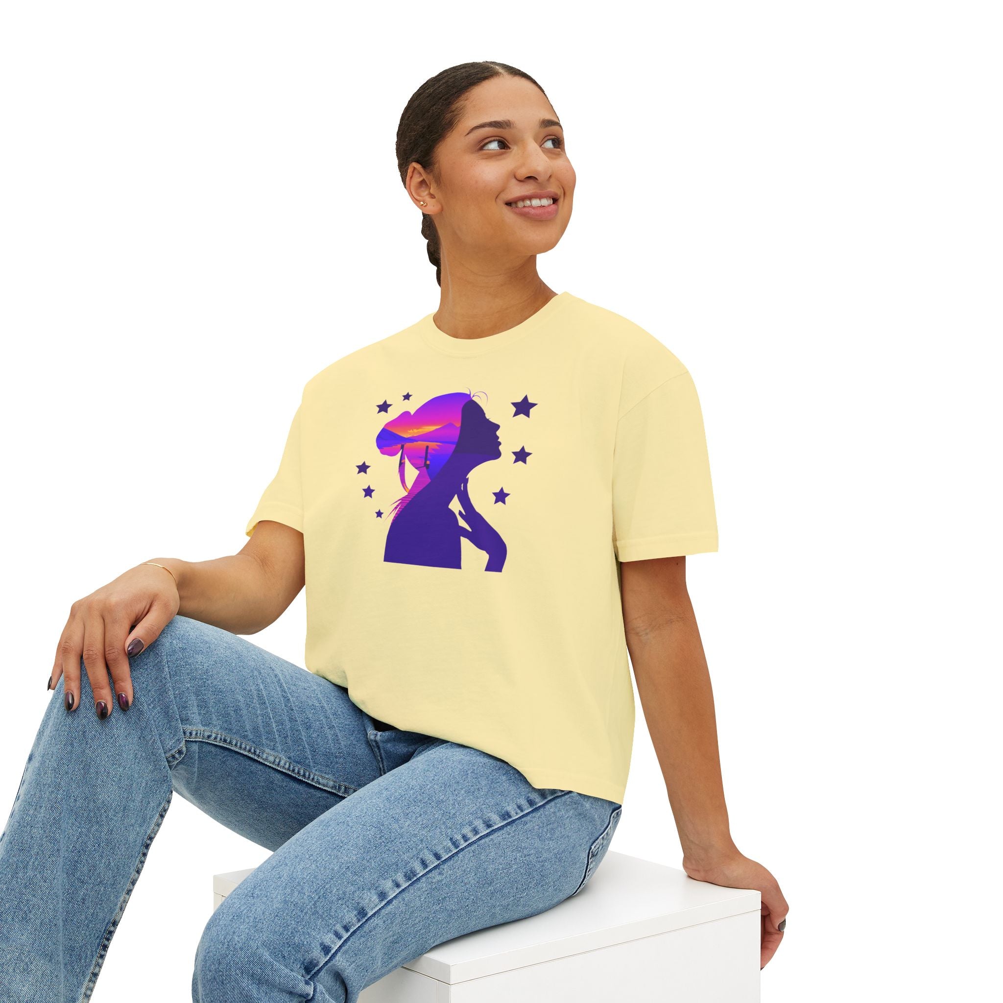 Women's Boxy Tee — Purple Sunset Silhouette Tee for Girls & Teens