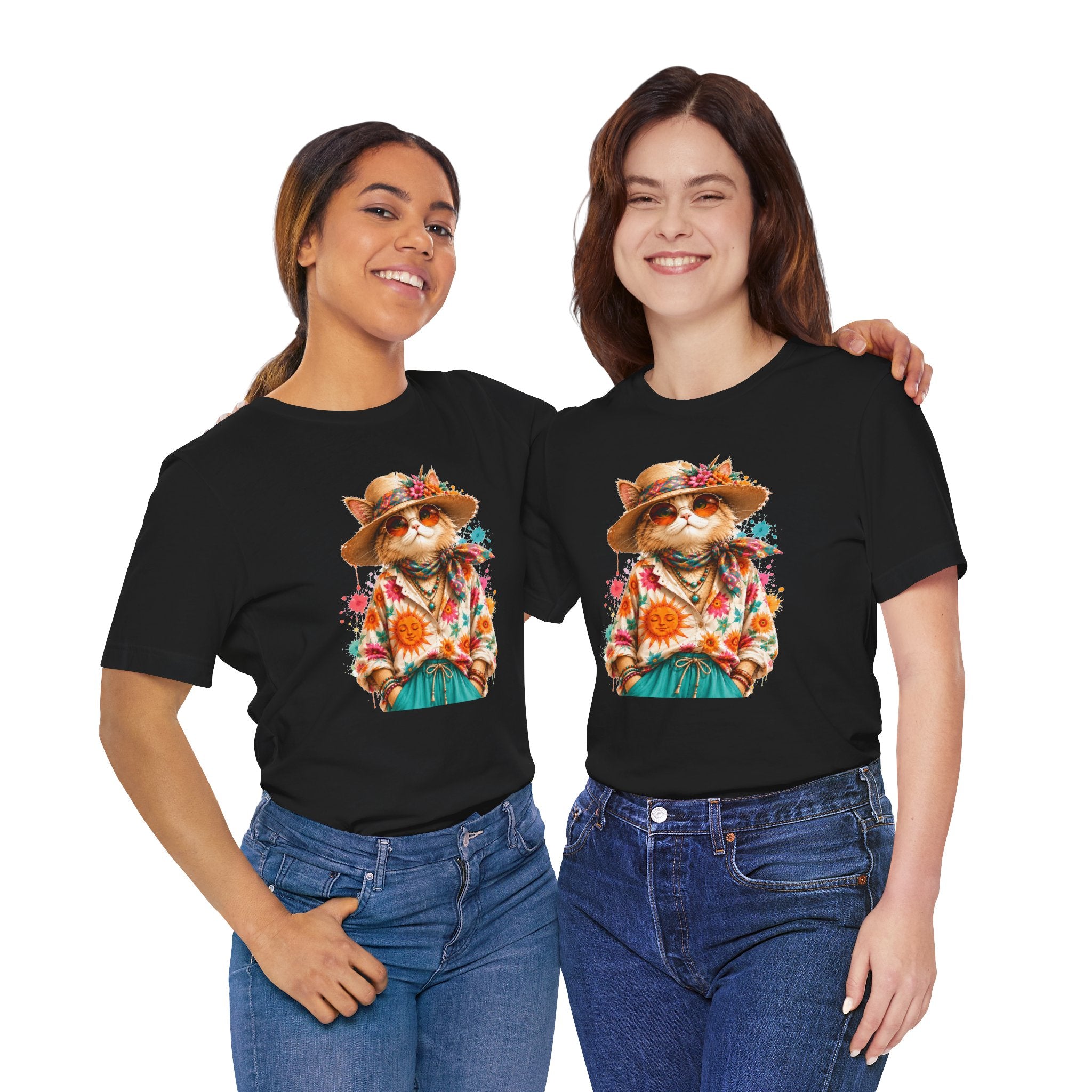 Boho Cat Graphic Tee — Floral Hat & Sunshine Cat T-Shirt