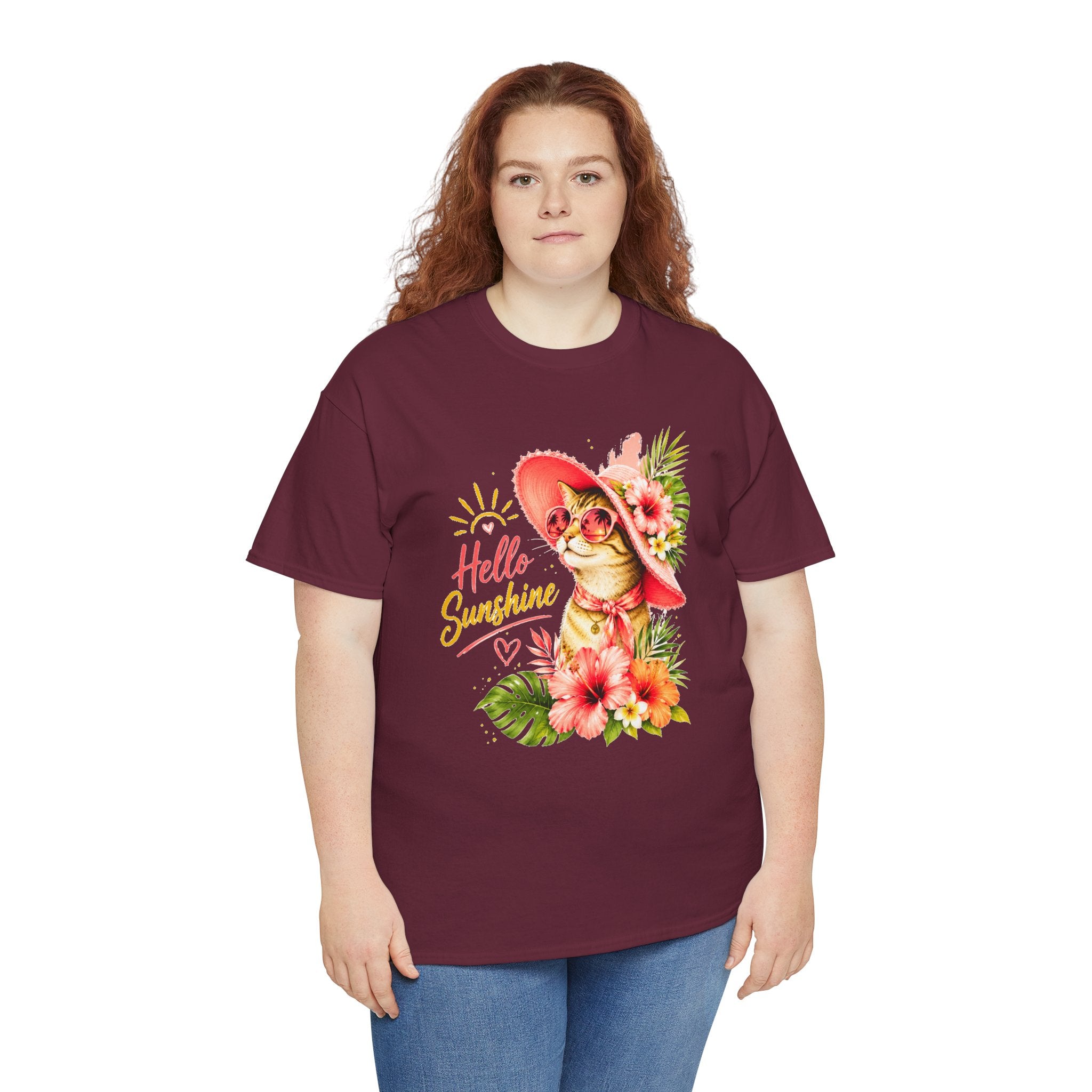 Hello Sunshine Cat Shirt | Cute Floral Cat T-Shirt | Tropical Summer Kitty Tee | Cat Lover Gift | Cute Women's Graphic Tee
