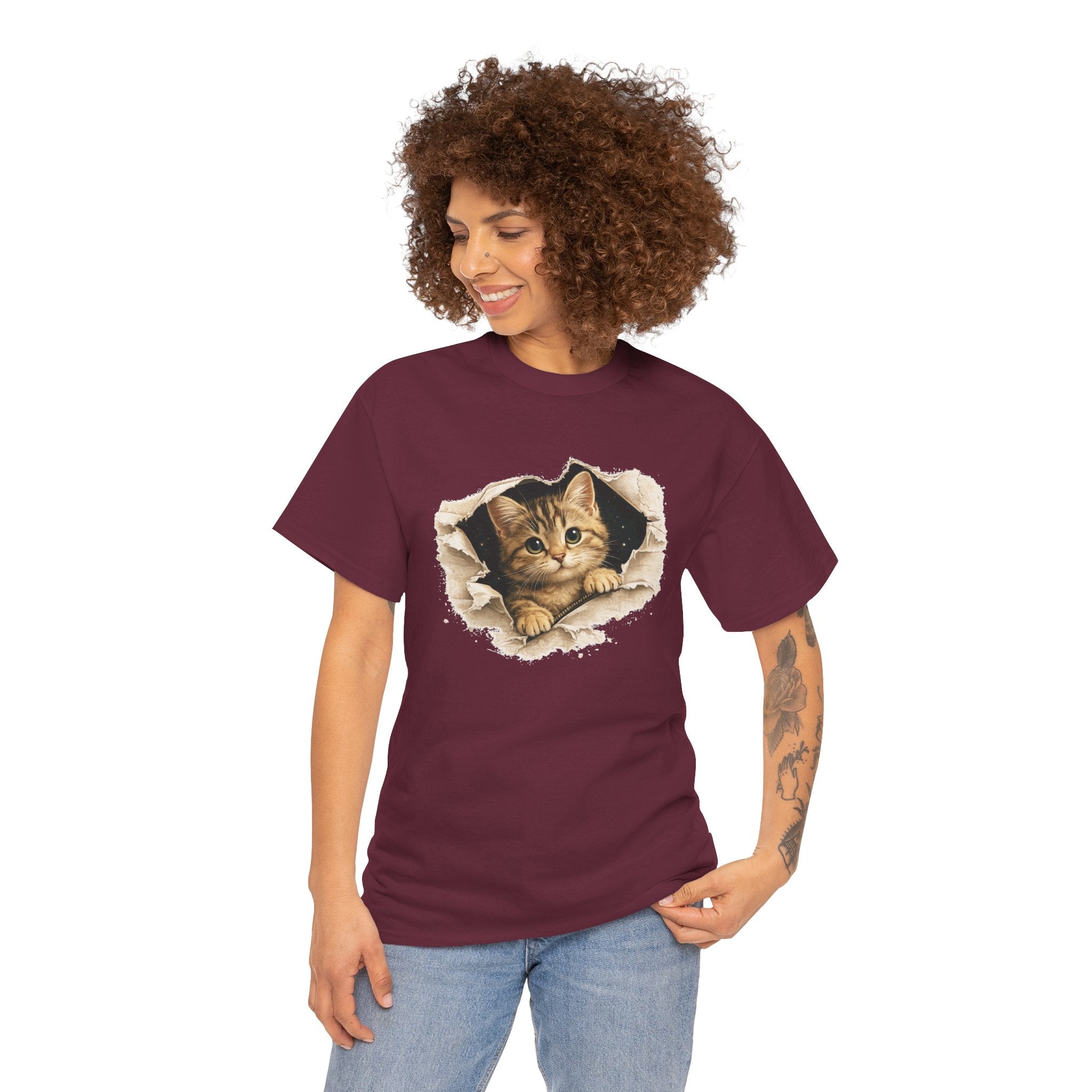 Cat Peeking Through Hole T-Shirt — Cute Kitten Graphic Tee