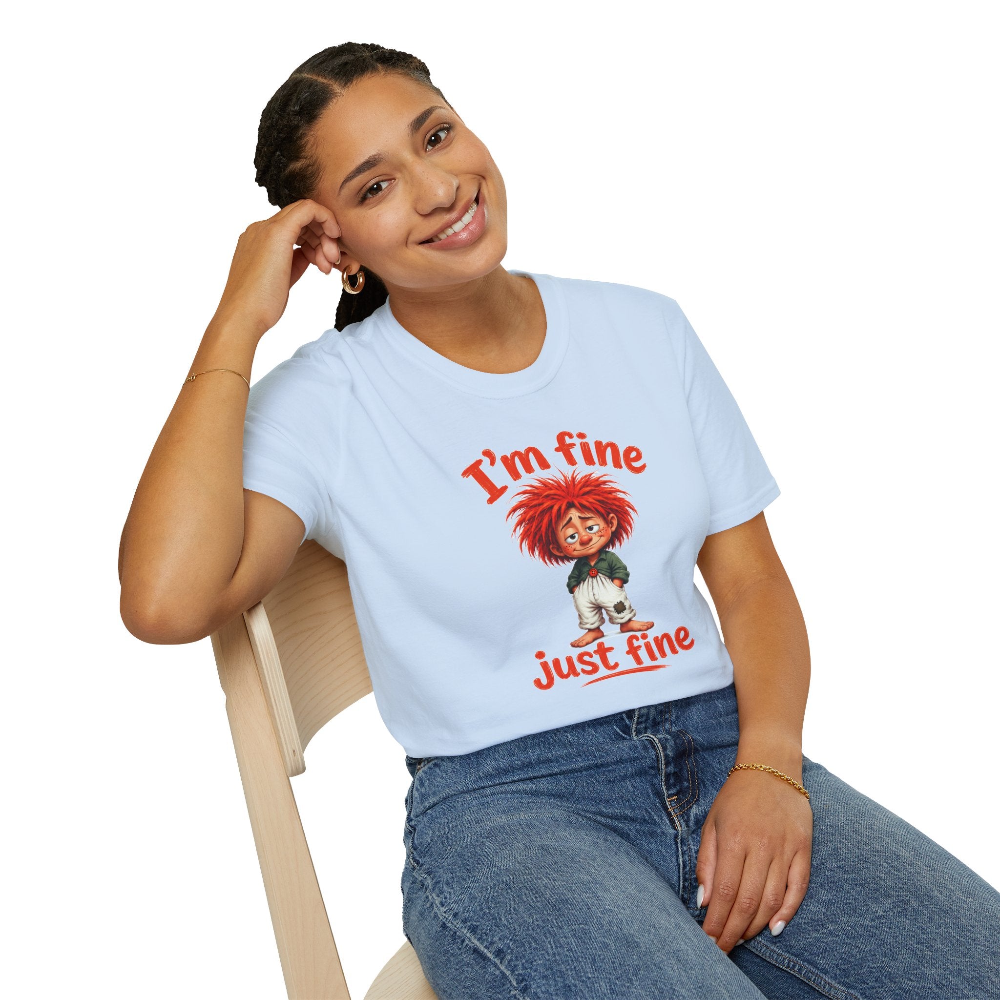 I'm Fine T‑Shirt — Cute Red‑Haired Character Tee ("I'm fine, just fine")