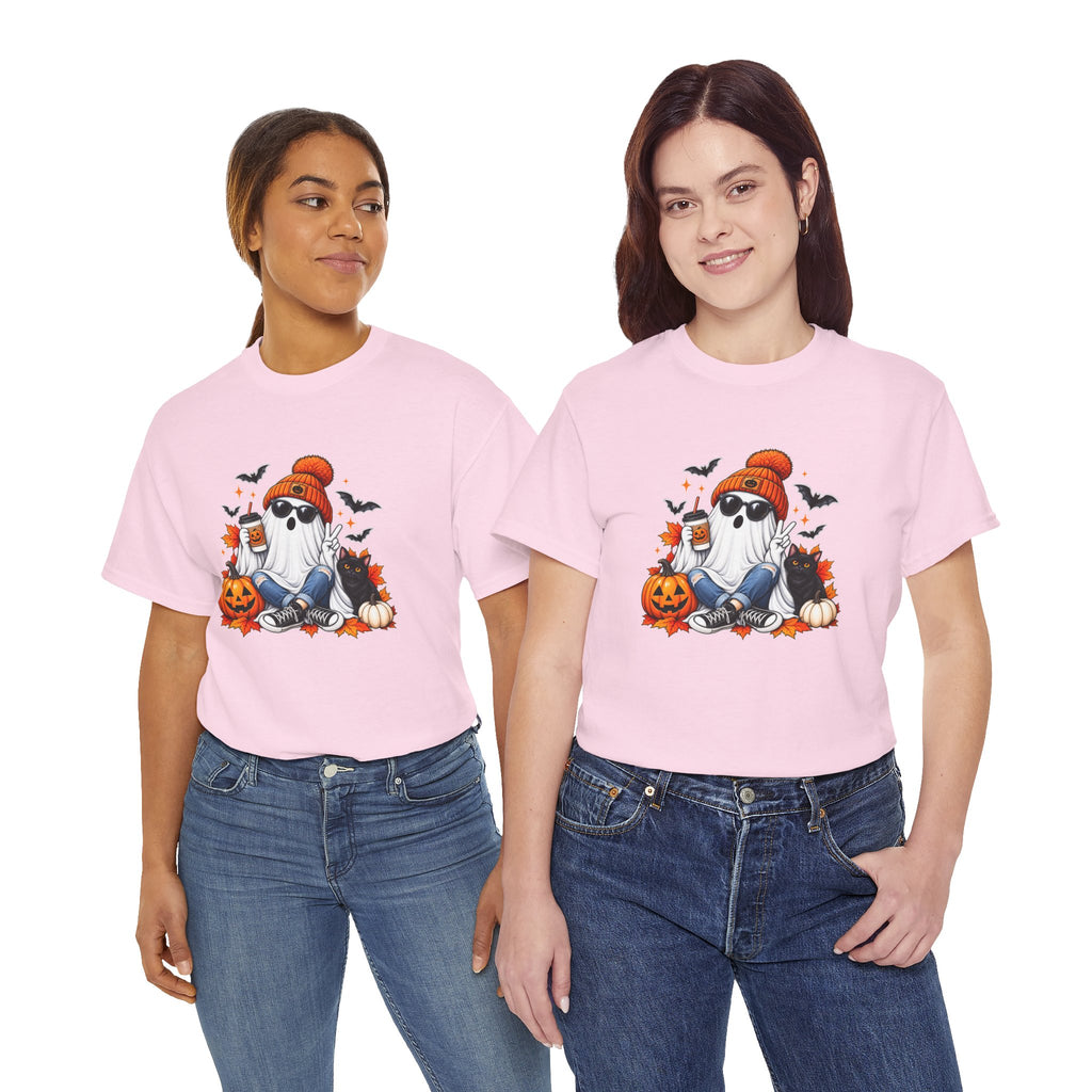 Halloween Ghost T-Shirt, Cute Spooky Pumpkin Cat Tee, Cozy Fall Coffee Graphic Shirt, Halloween Gift for Her